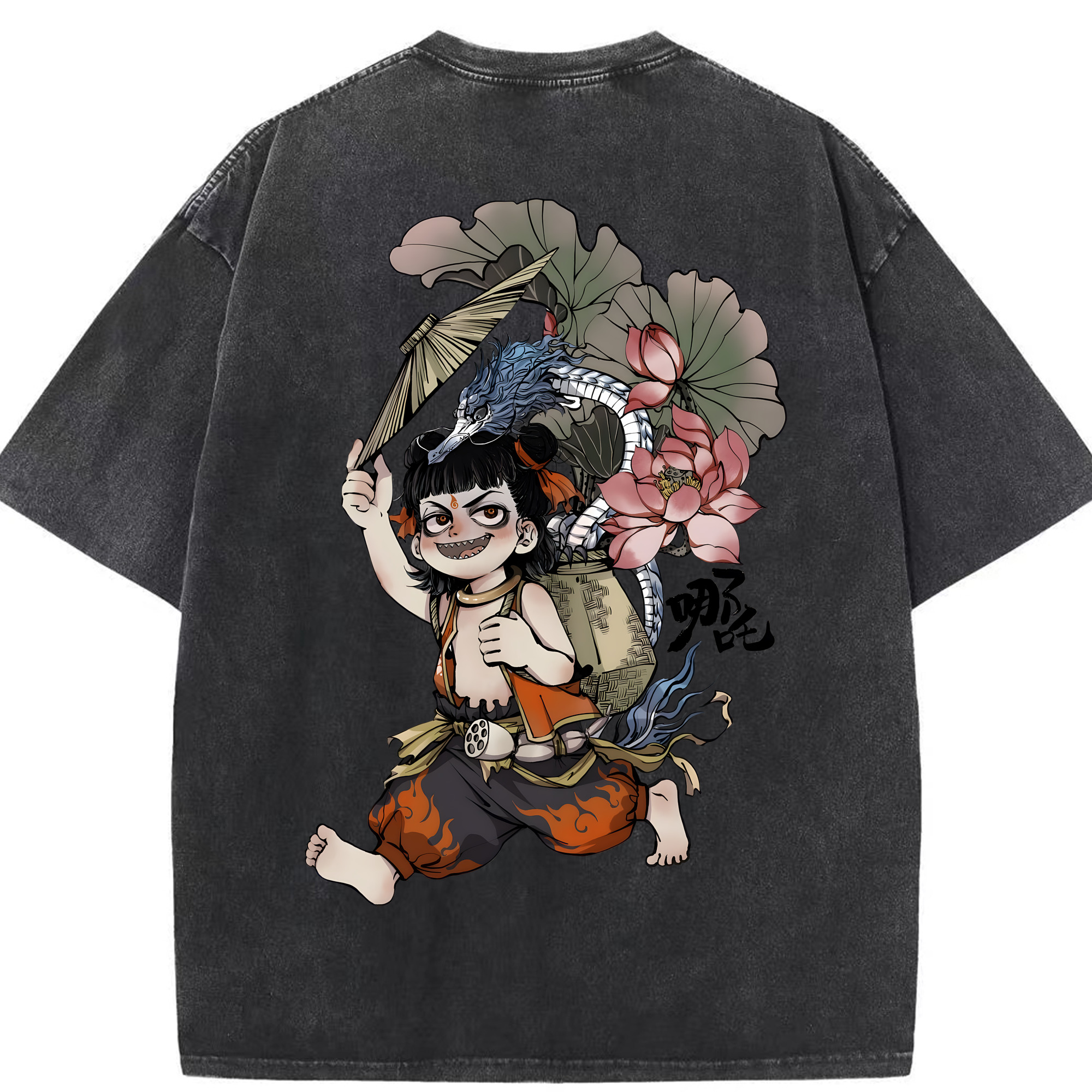 （画像用） Ne Zha 2 ナタ 魔童の大暴れ 綿100% ヴィンテージ風 半袖Tシャツ（背面プリント）