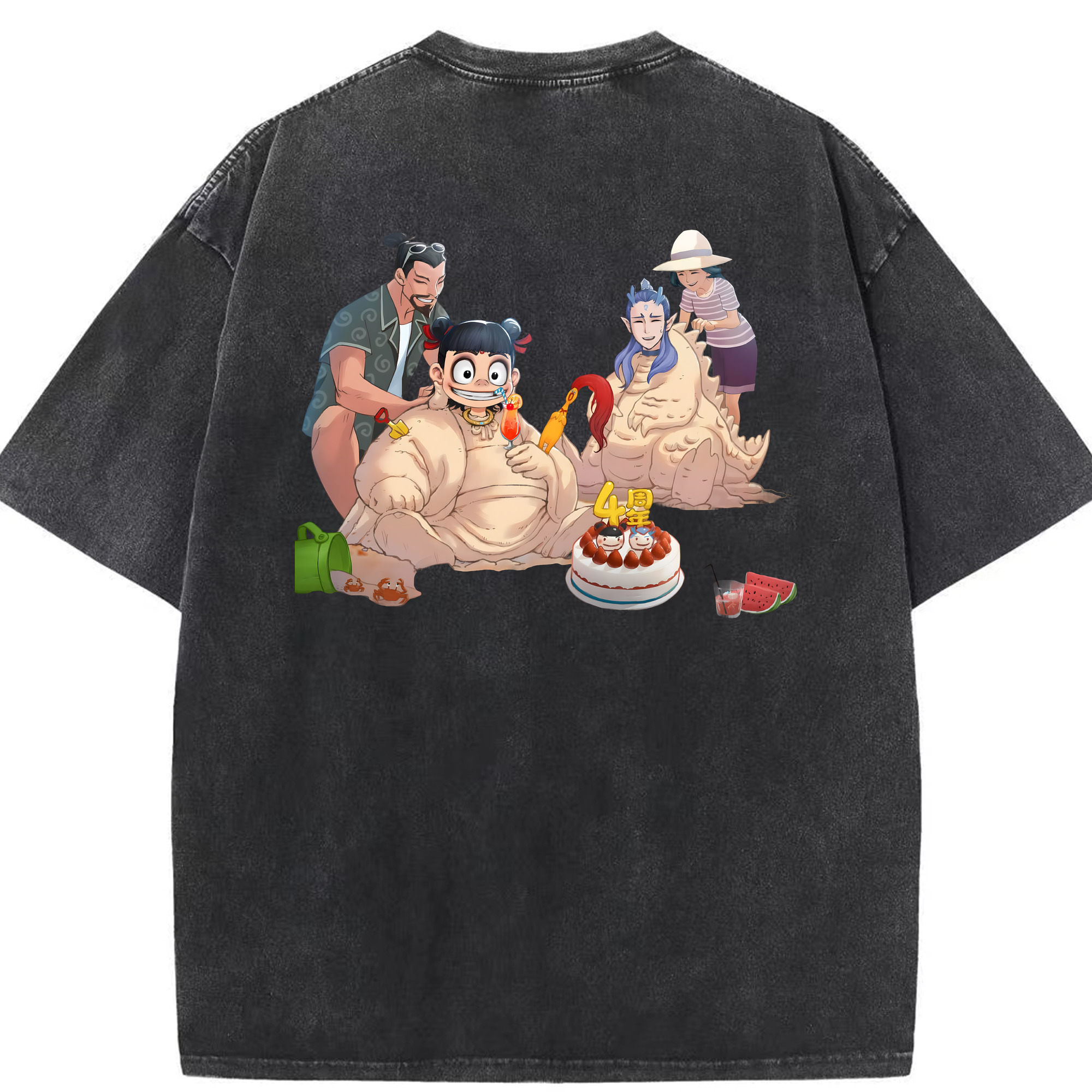 （画像用） Ne Zha 2 ナタ 魔童の大暴れ 綿100% ヴィンテージ風 半袖Tシャツ（背面プリント）
