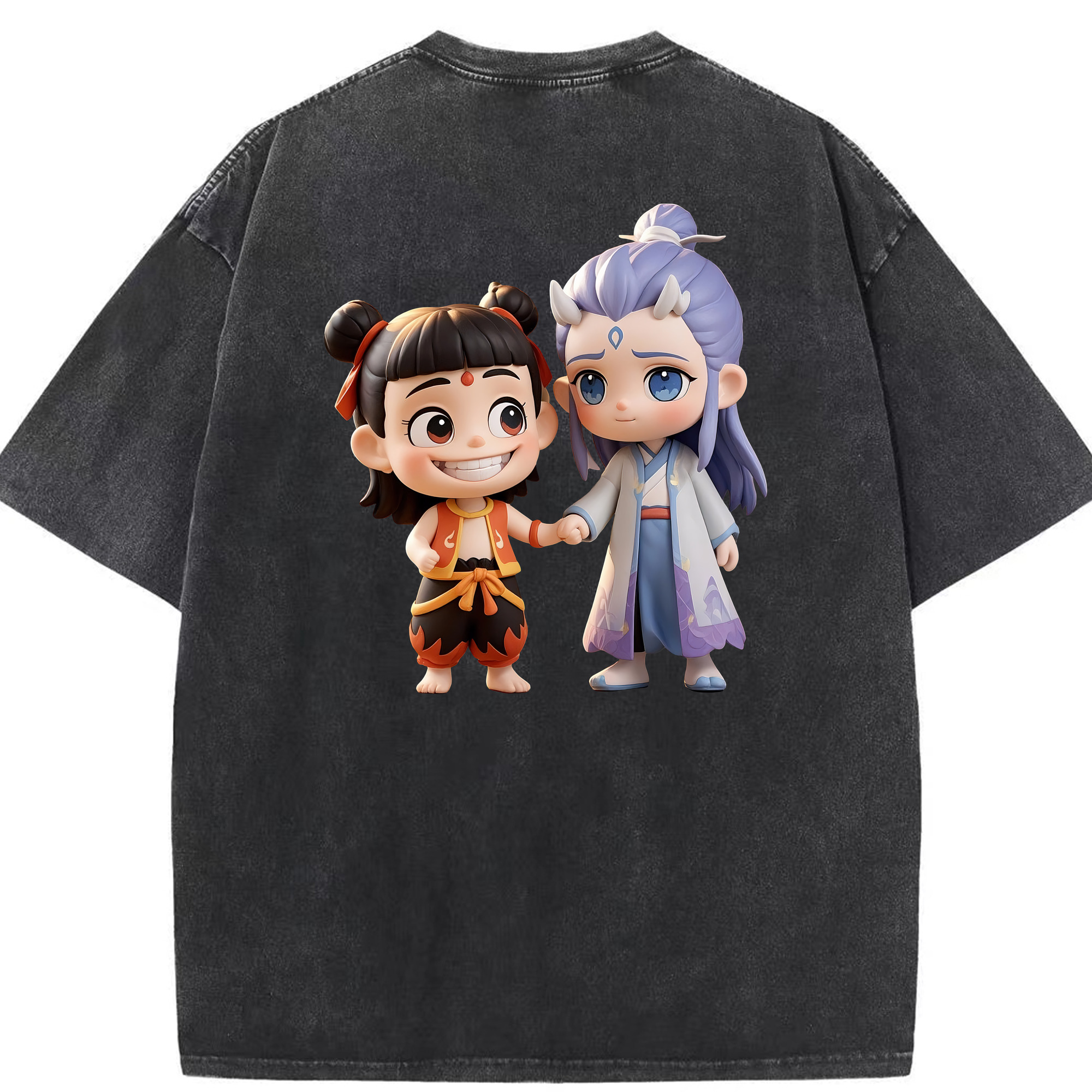 （画像用） Ne Zha 2 ナタ 魔童の大暴れ 綿100% ヴィンテージ風 半袖Tシャツ（背面プリント）