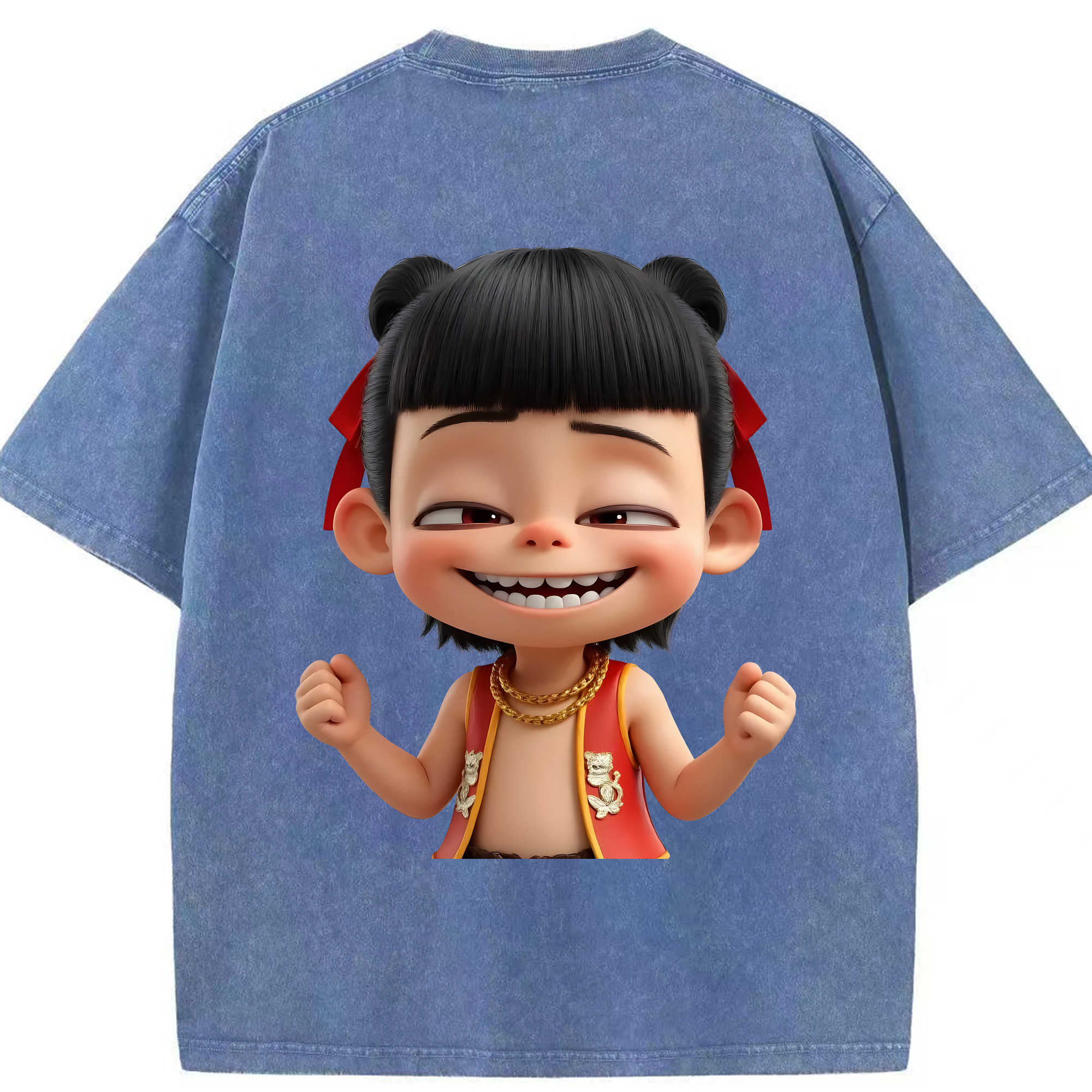 （画像用） Ne Zha 2 ナタ 魔童の大暴れ 綿100% ヴィンテージ風 半袖Tシャツ（背面プリント）
