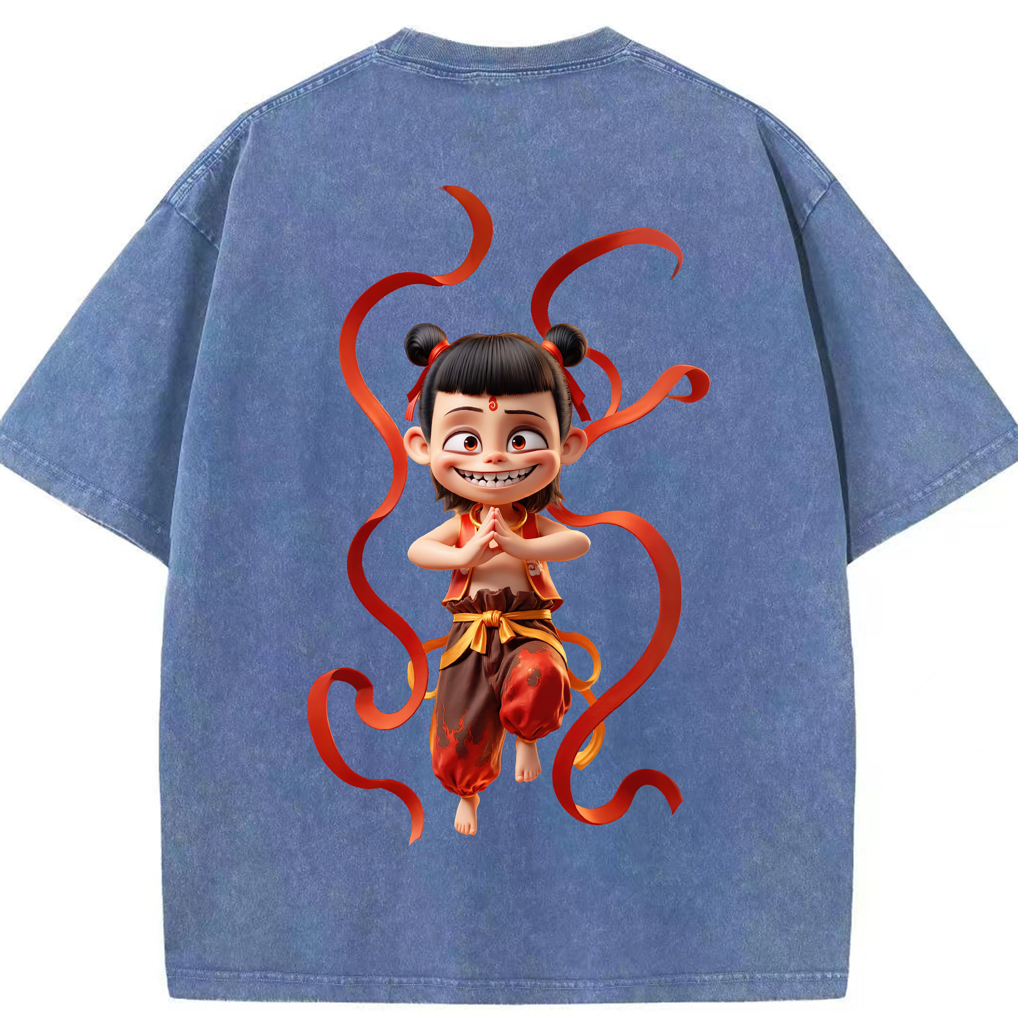 （画像用） Ne Zha 2 ナタ 魔童の大暴れ 綿100% ヴィンテージ風 半袖Tシャツ（背面プリント）