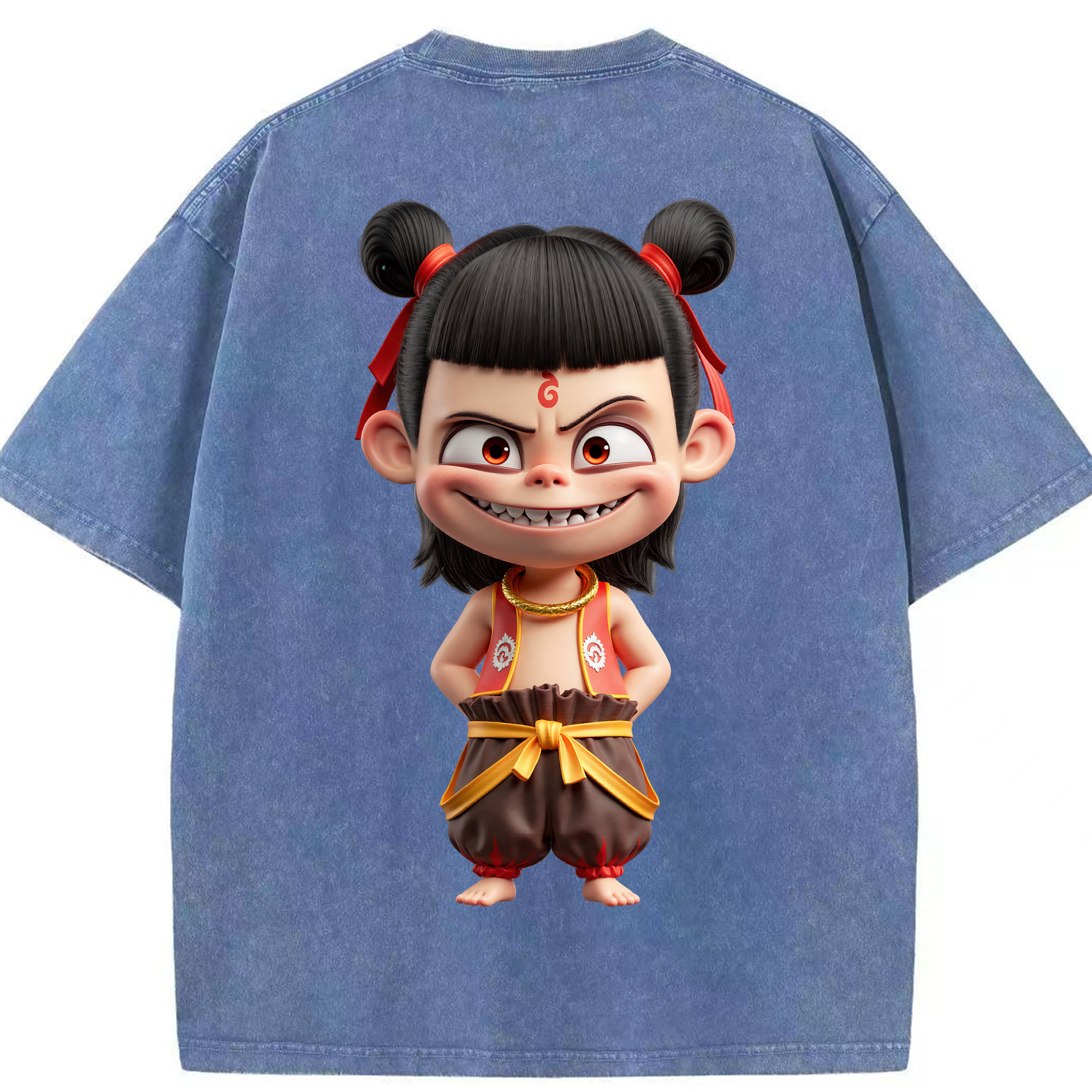 （画像用） Ne Zha 2 ナタ 魔童の大暴れ 綿100% ヴィンテージ風 半袖Tシャツ（背面プリント）