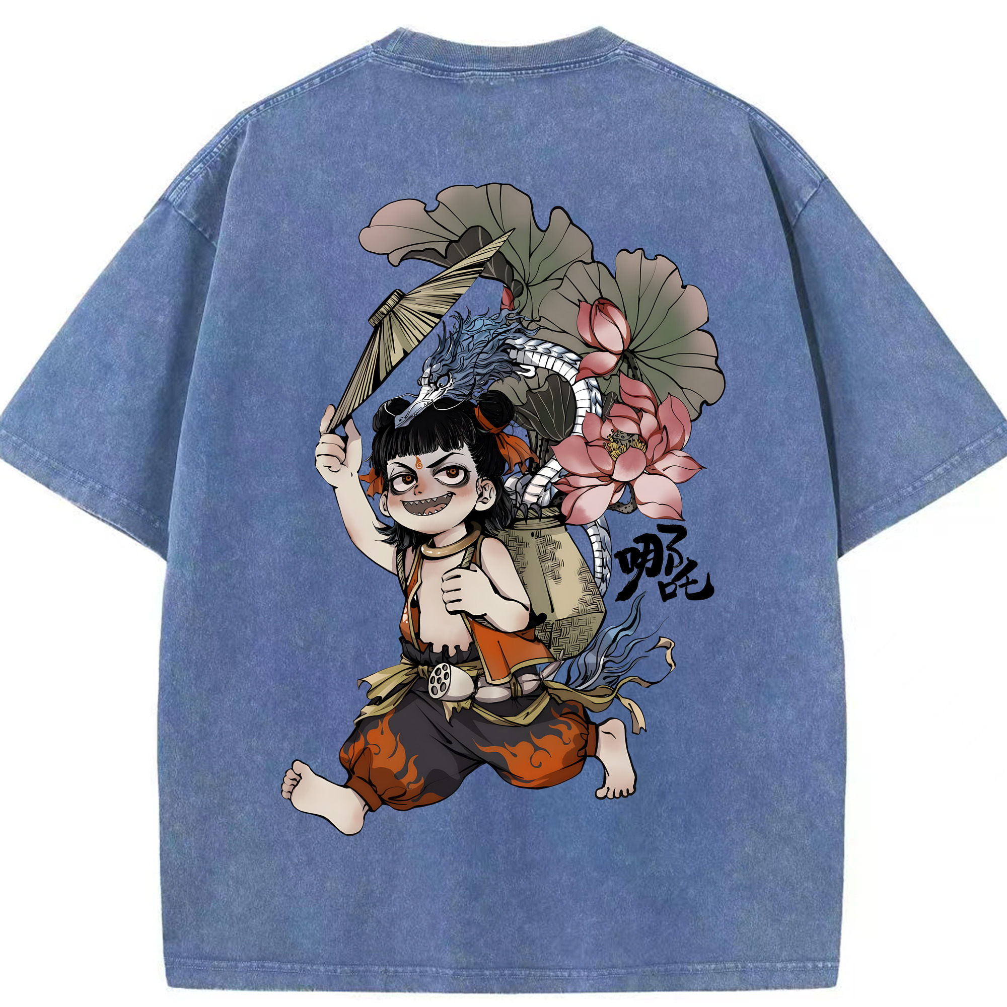 （画像用） Ne Zha 2 ナタ 魔童の大暴れ 綿100% ヴィンテージ風 半袖Tシャツ（背面プリント）