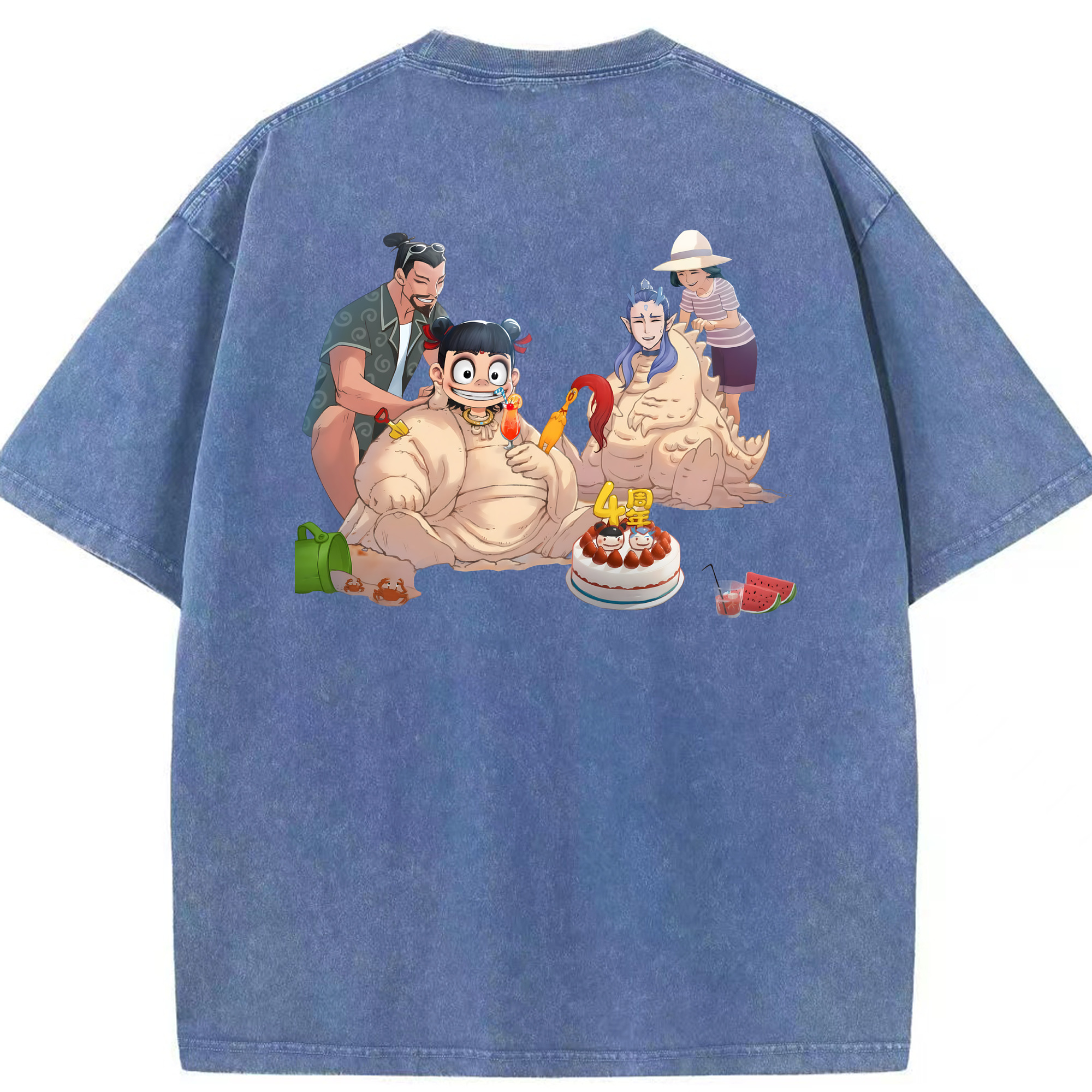 （画像用） Ne Zha 2 ナタ 魔童の大暴れ 綿100% ヴィンテージ風 半袖Tシャツ（背面プリント）