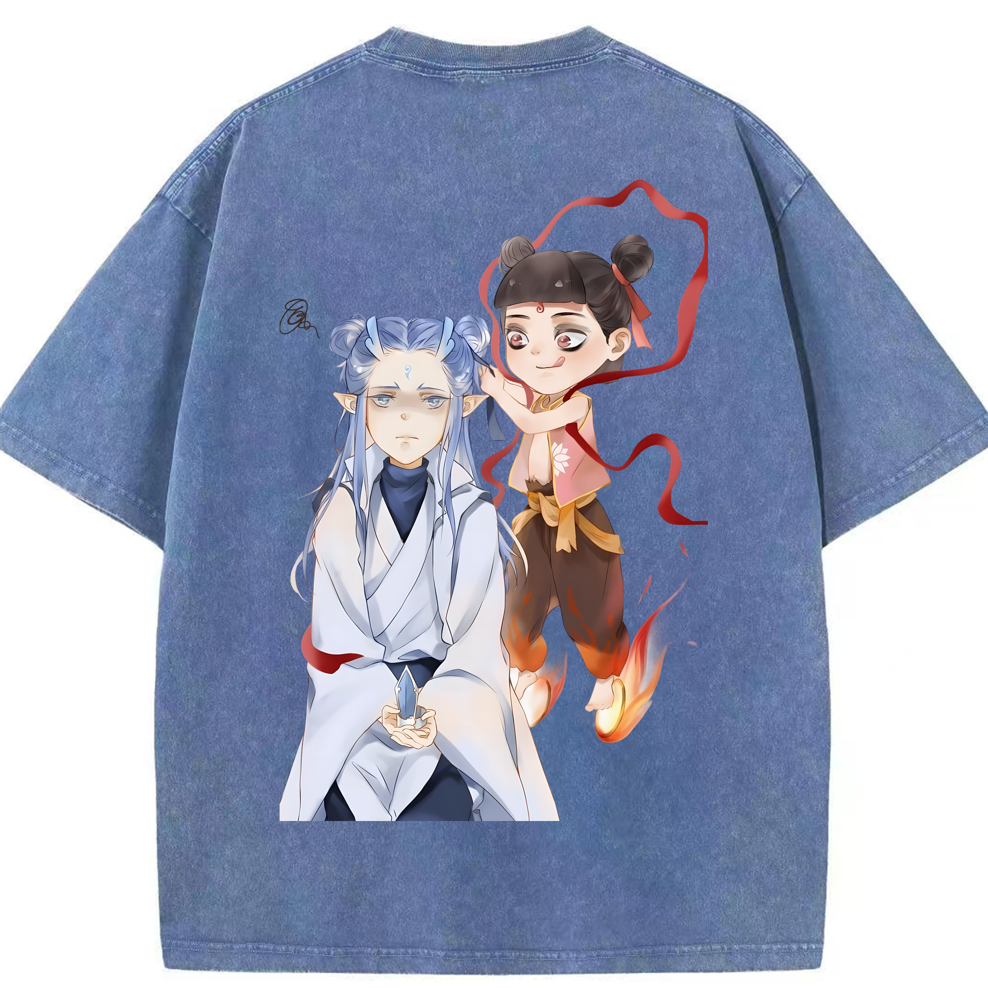 （画像用） Ne Zha 2 ナタ 魔童の大暴れ 綿100% ヴィンテージ風 半袖Tシャツ（背面プリント）