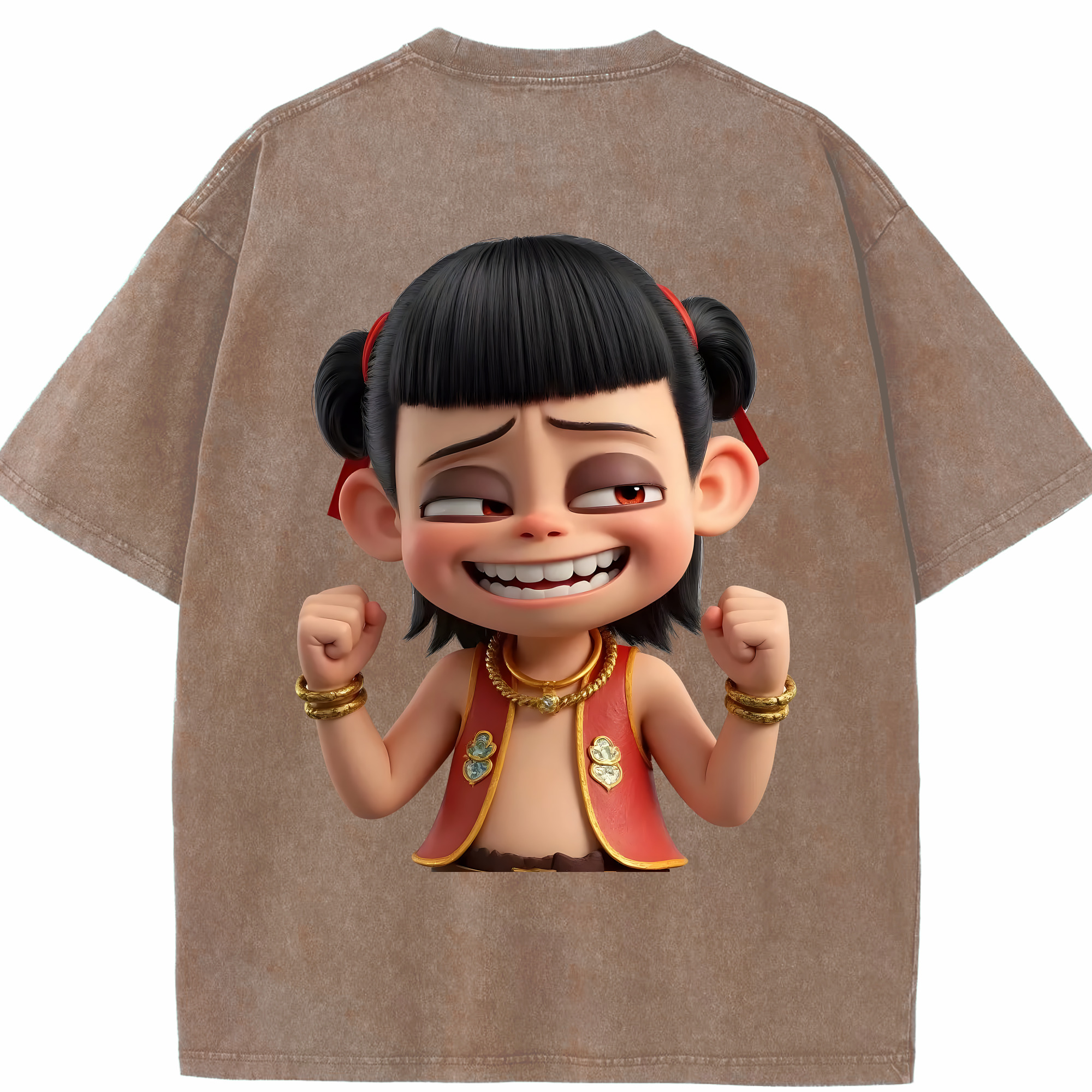 （画像用） Ne Zha 2 ナタ 魔童の大暴れ 綿100% ヴィンテージ風 半袖Tシャツ（背面プリント）