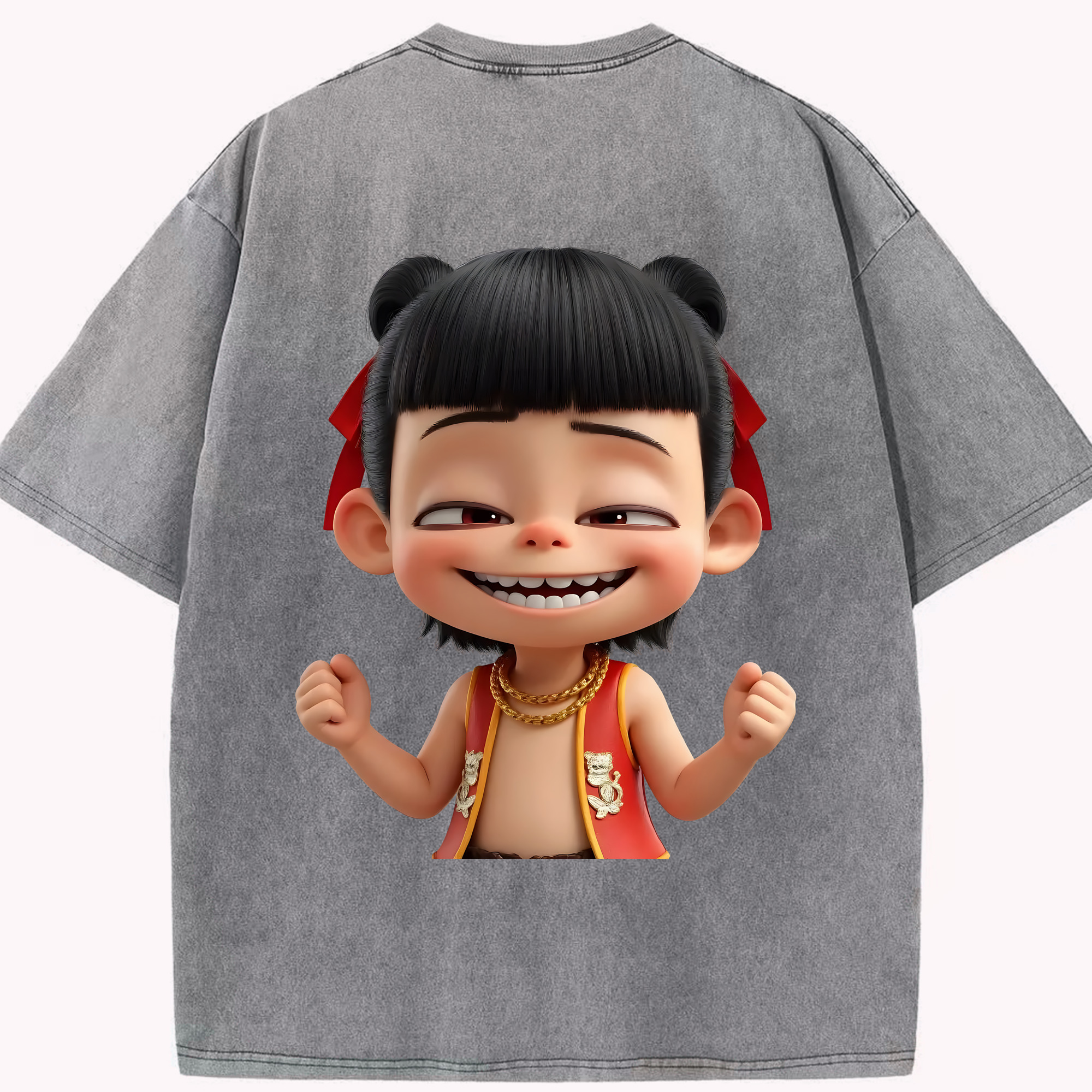 （画像用） Ne Zha 2 ナタ 魔童の大暴れ 綿100% ヴィンテージ風 半袖Tシャツ（背面プリント）