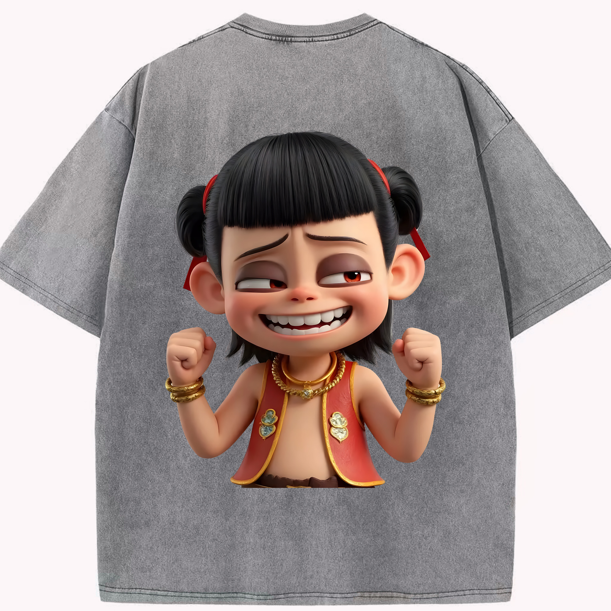 （画像用） Ne Zha 2 ナタ 魔童の大暴れ 綿100% ヴィンテージ風 半袖Tシャツ（背面プリント）
