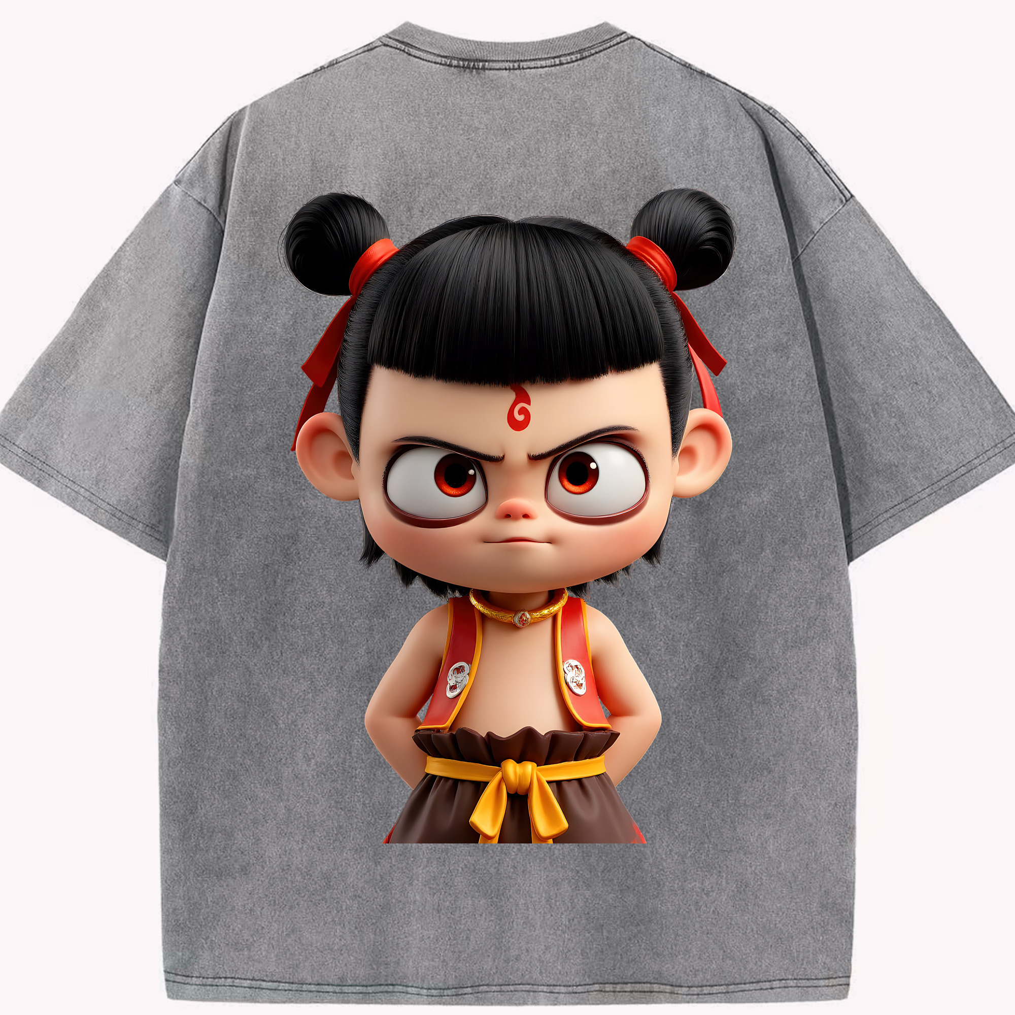 （画像用） Ne Zha 2 ナタ 魔童の大暴れ 綿100% ヴィンテージ風 半袖Tシャツ（背面プリント）