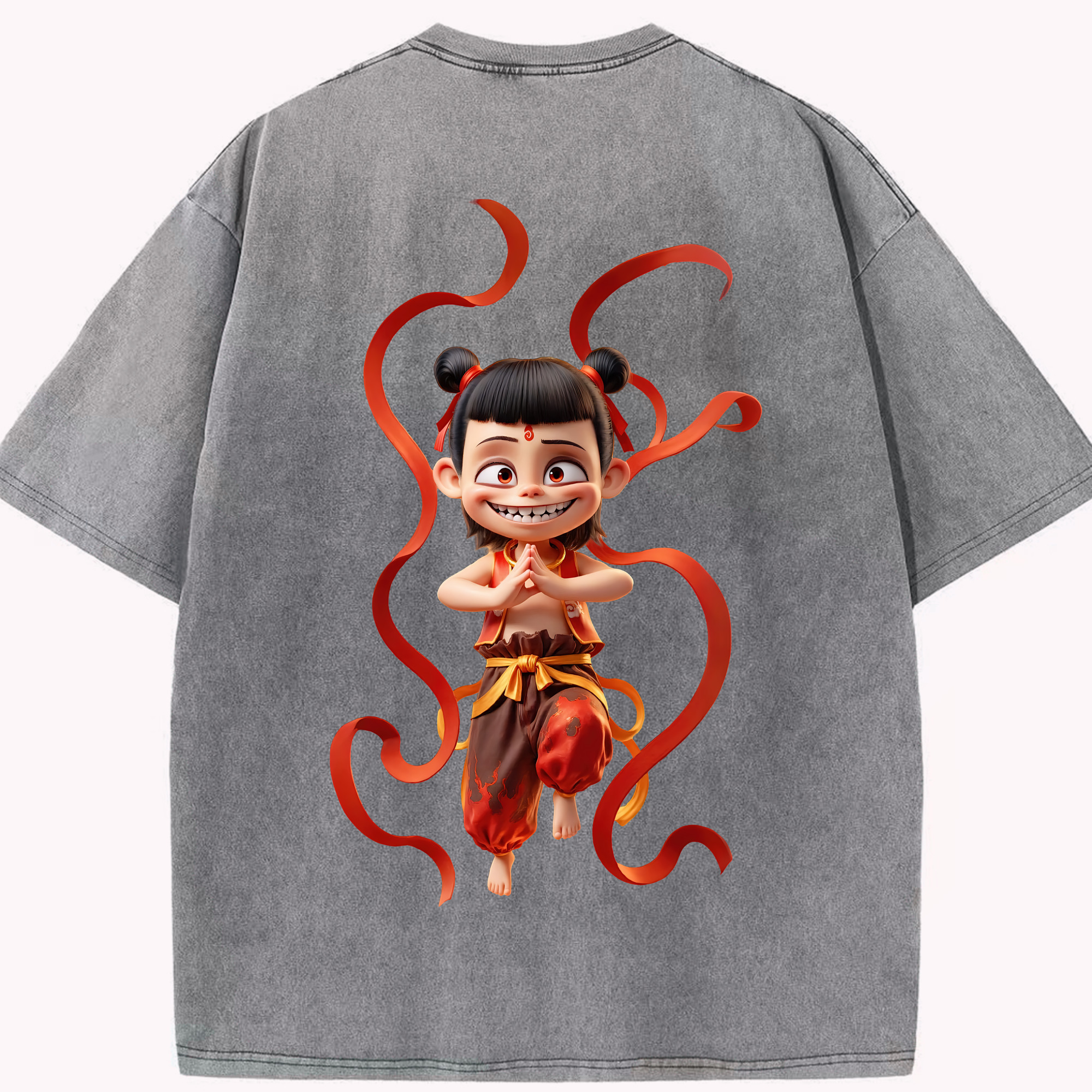 （画像用） Ne Zha 2 ナタ 魔童の大暴れ 綿100% ヴィンテージ風 半袖Tシャツ（背面プリント）