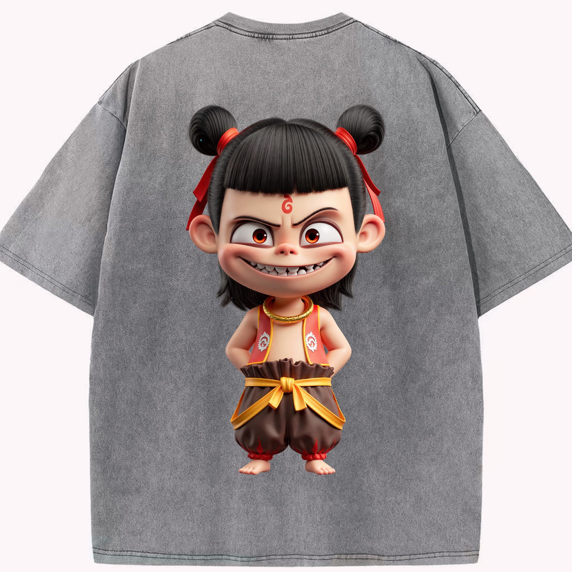 （画像用） Ne Zha 2 ナタ 魔童の大暴れ 綿100% ヴィンテージ風 半袖Tシャツ（背面プリント）