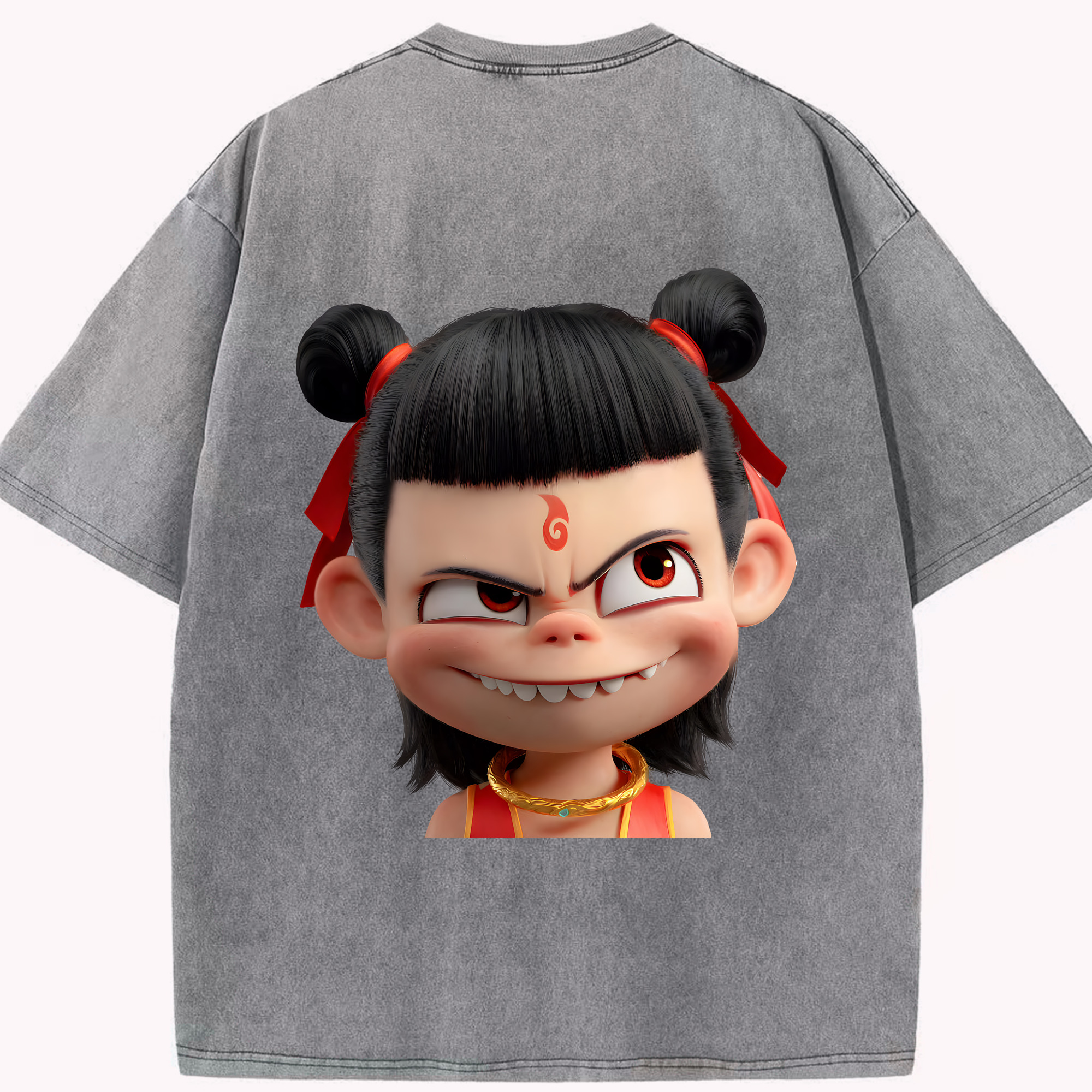 （画像用） Ne Zha 2 ナタ 魔童の大暴れ 綿100% ヴィンテージ風 半袖Tシャツ（背面プリント）