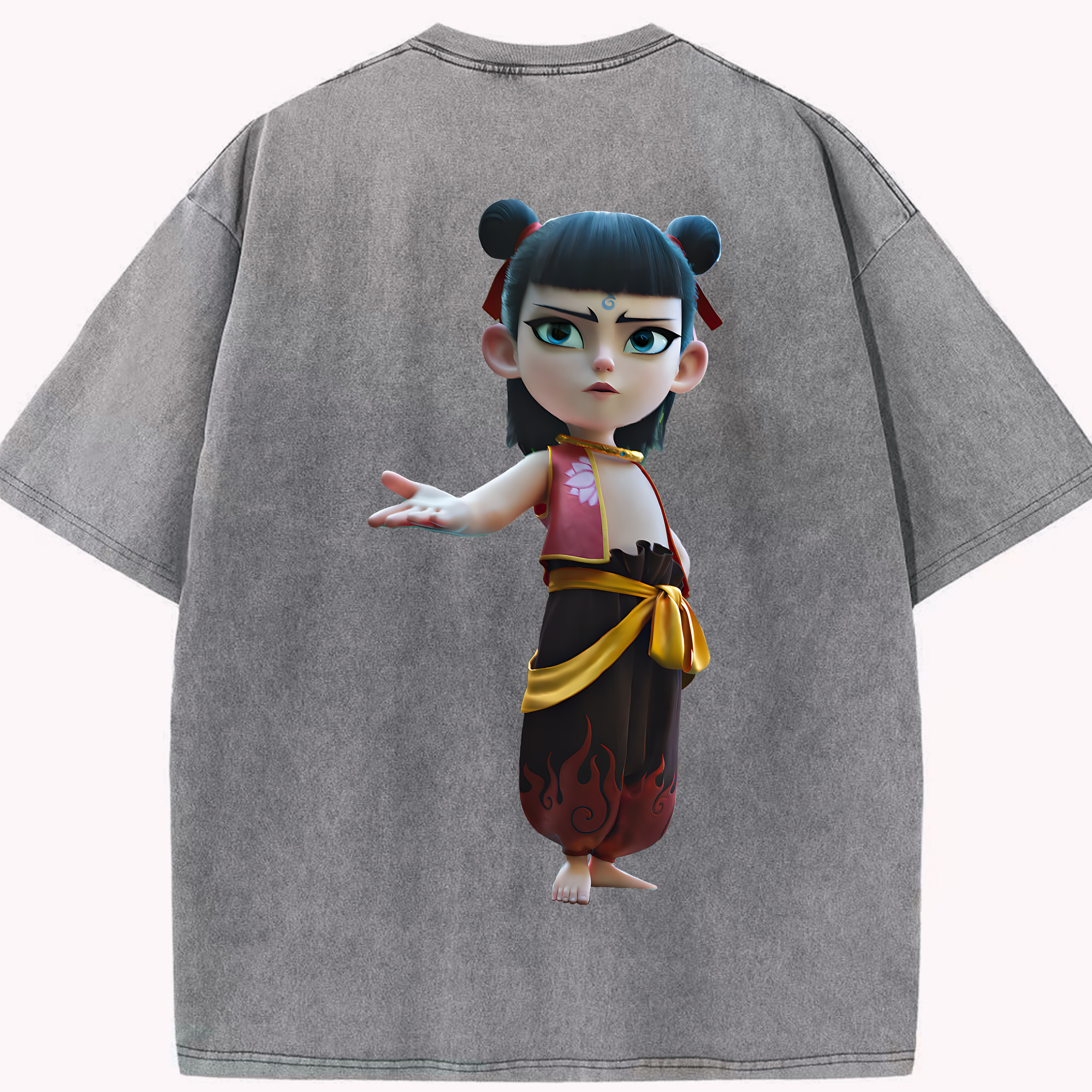 （画像用） Ne Zha 2 ナタ 魔童の大暴れ 綿100% ヴィンテージ風 半袖Tシャツ（背面プリント）