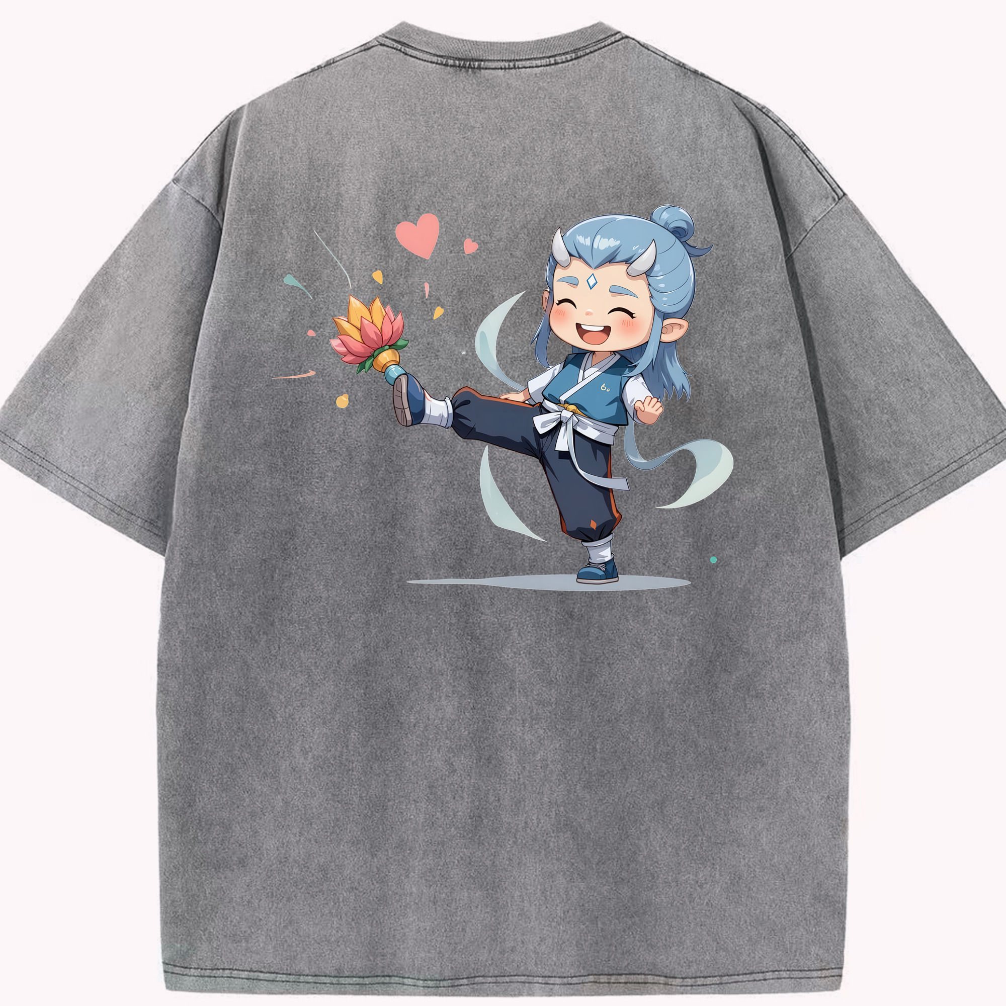 （画像用） Ne Zha 2 ナタ 魔童の大暴れ 綿100% ヴィンテージ風 半袖Tシャツ（背面プリント）