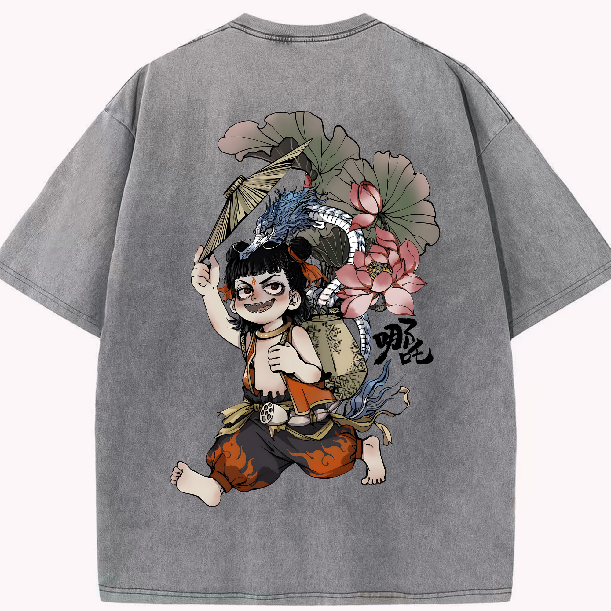 （画像用） Ne Zha 2 ナタ 魔童の大暴れ 綿100% ヴィンテージ風 半袖Tシャツ（背面プリント）