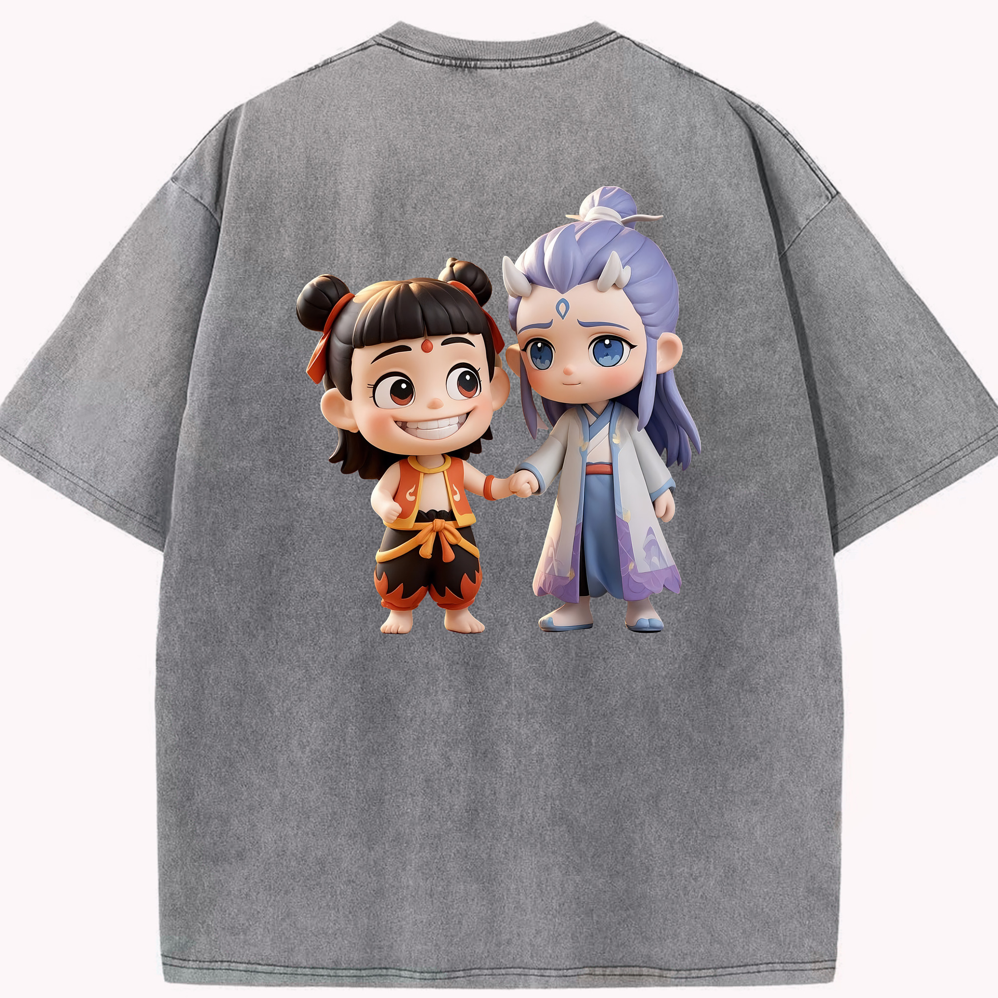 （画像用） Ne Zha 2 ナタ 魔童の大暴れ 綿100% ヴィンテージ風 半袖Tシャツ（背面プリント）