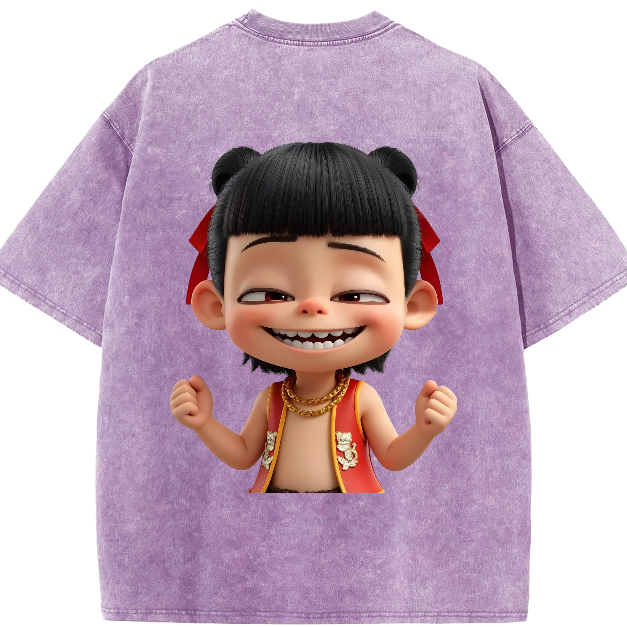 （画像用） Ne Zha 2 ナタ 魔童の大暴れ 綿100% ヴィンテージ風 半袖Tシャツ（背面プリント）