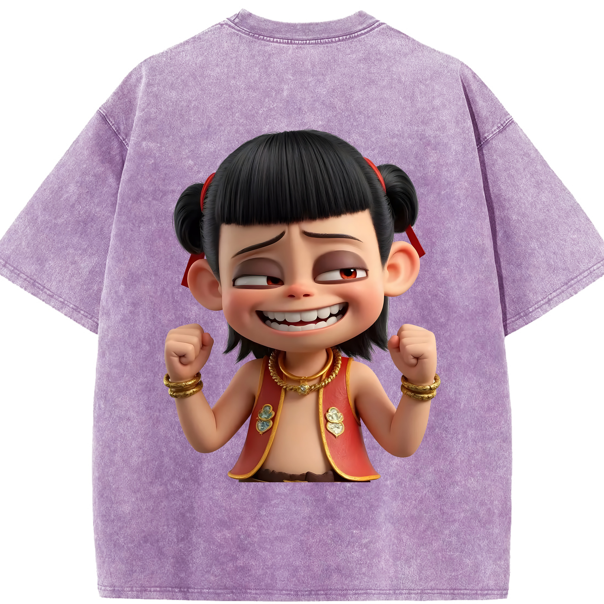 （画像用） Ne Zha 2 ナタ 魔童の大暴れ 綿100% ヴィンテージ風 半袖Tシャツ（背面プリント）