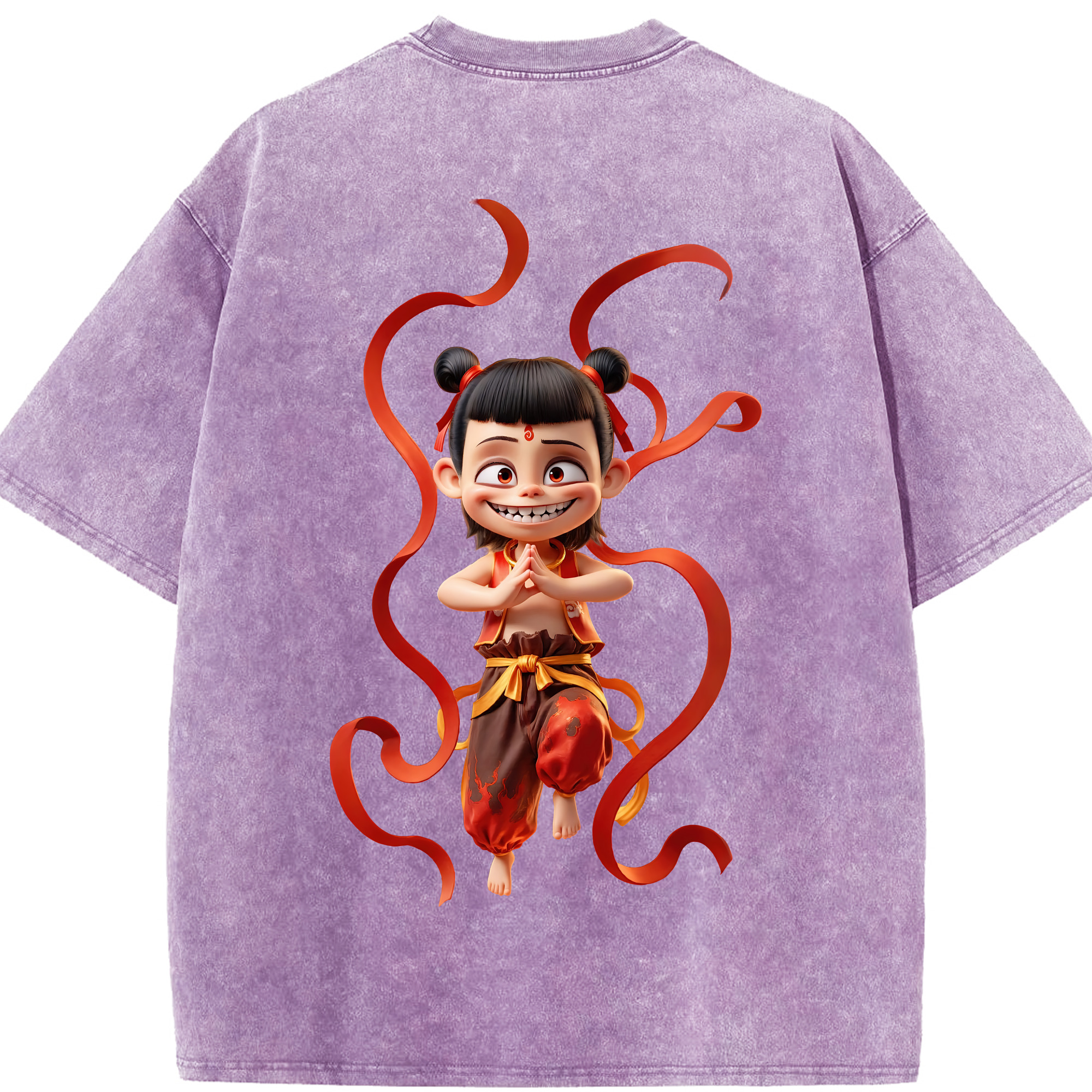 （画像用） Ne Zha 2 ナタ 魔童の大暴れ 綿100% ヴィンテージ風 半袖Tシャツ（背面プリント）