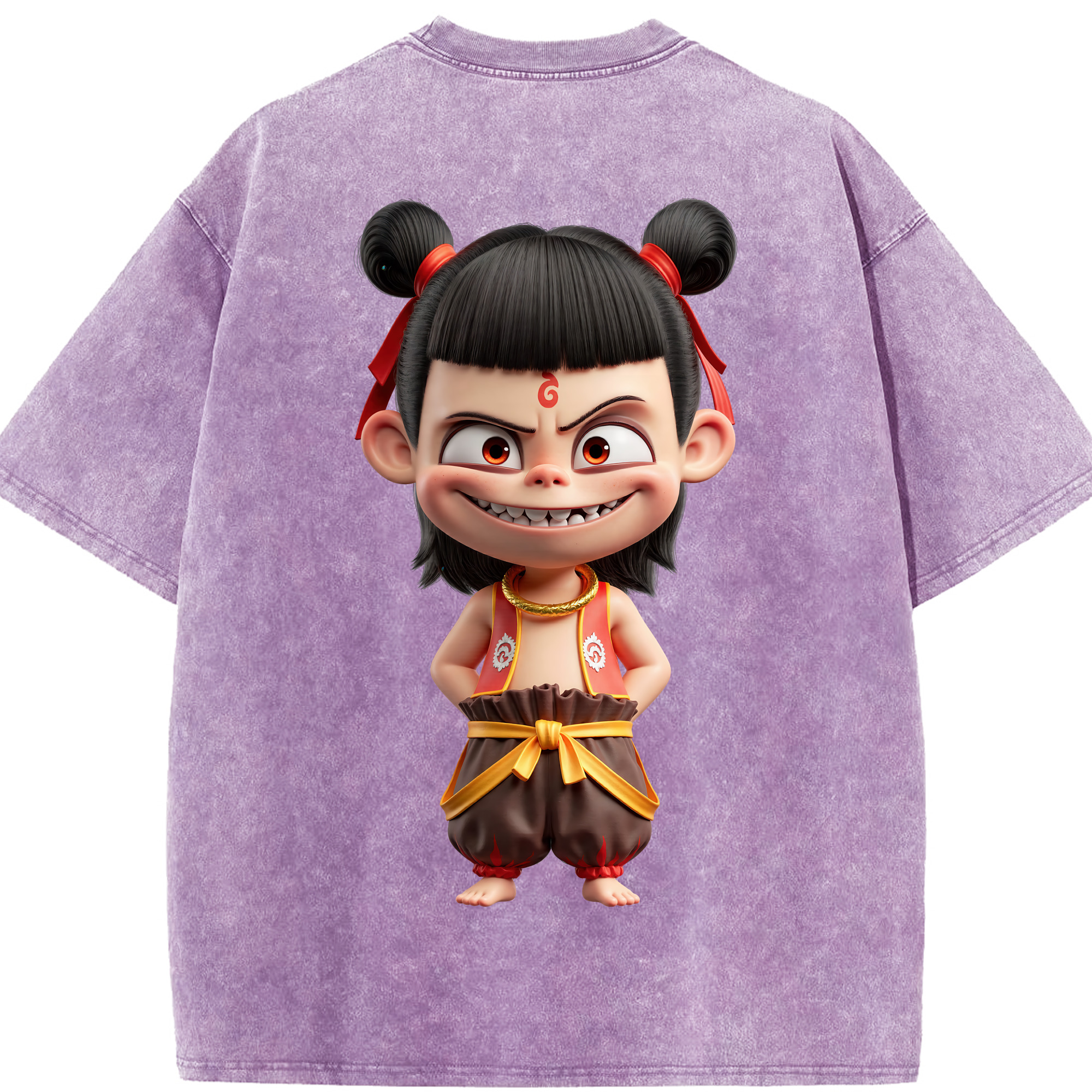 （画像用） Ne Zha 2 ナタ 魔童の大暴れ 綿100% ヴィンテージ風 半袖Tシャツ（背面プリント）