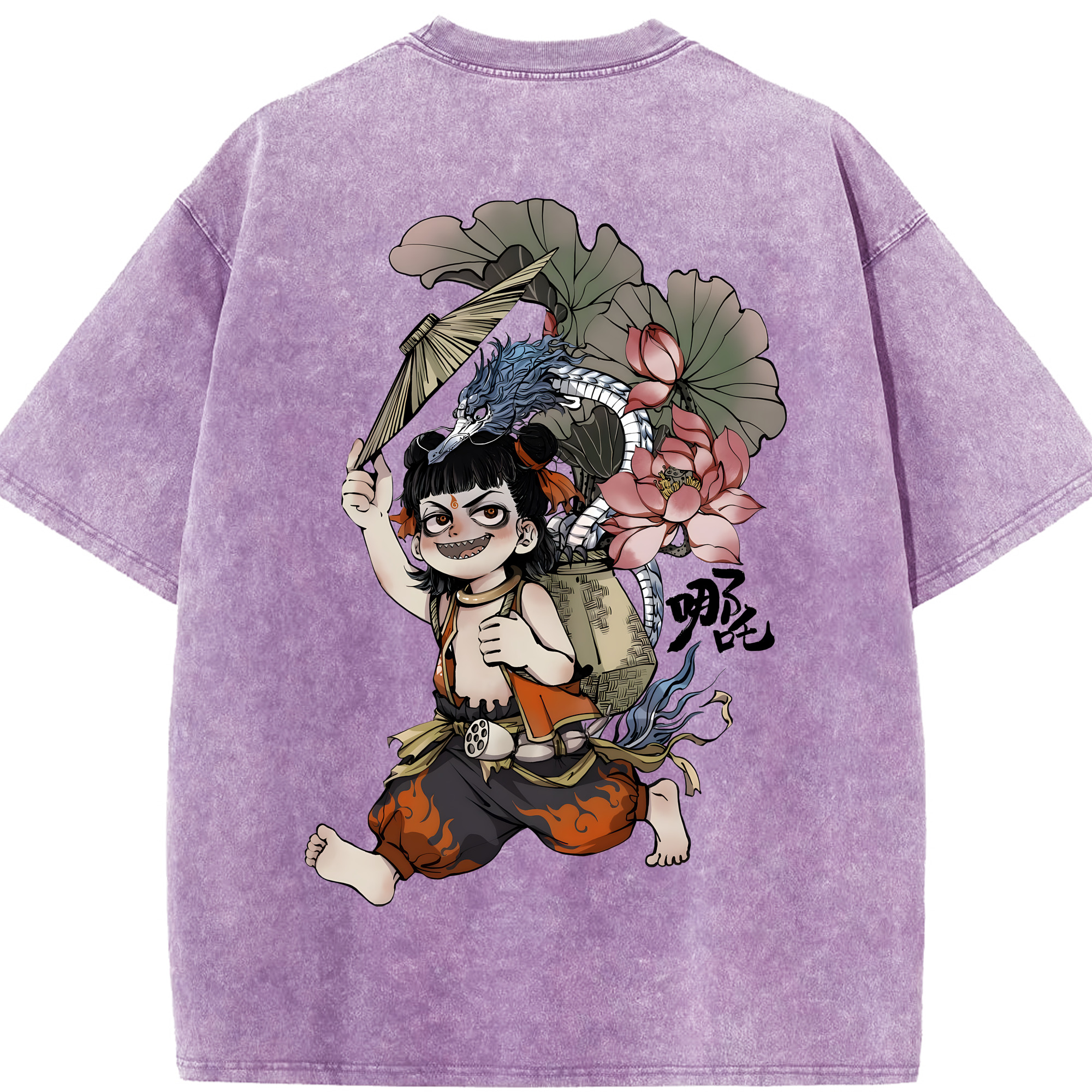 （画像用） Ne Zha 2 ナタ 魔童の大暴れ 綿100% ヴィンテージ風 半袖Tシャツ（背面プリント）