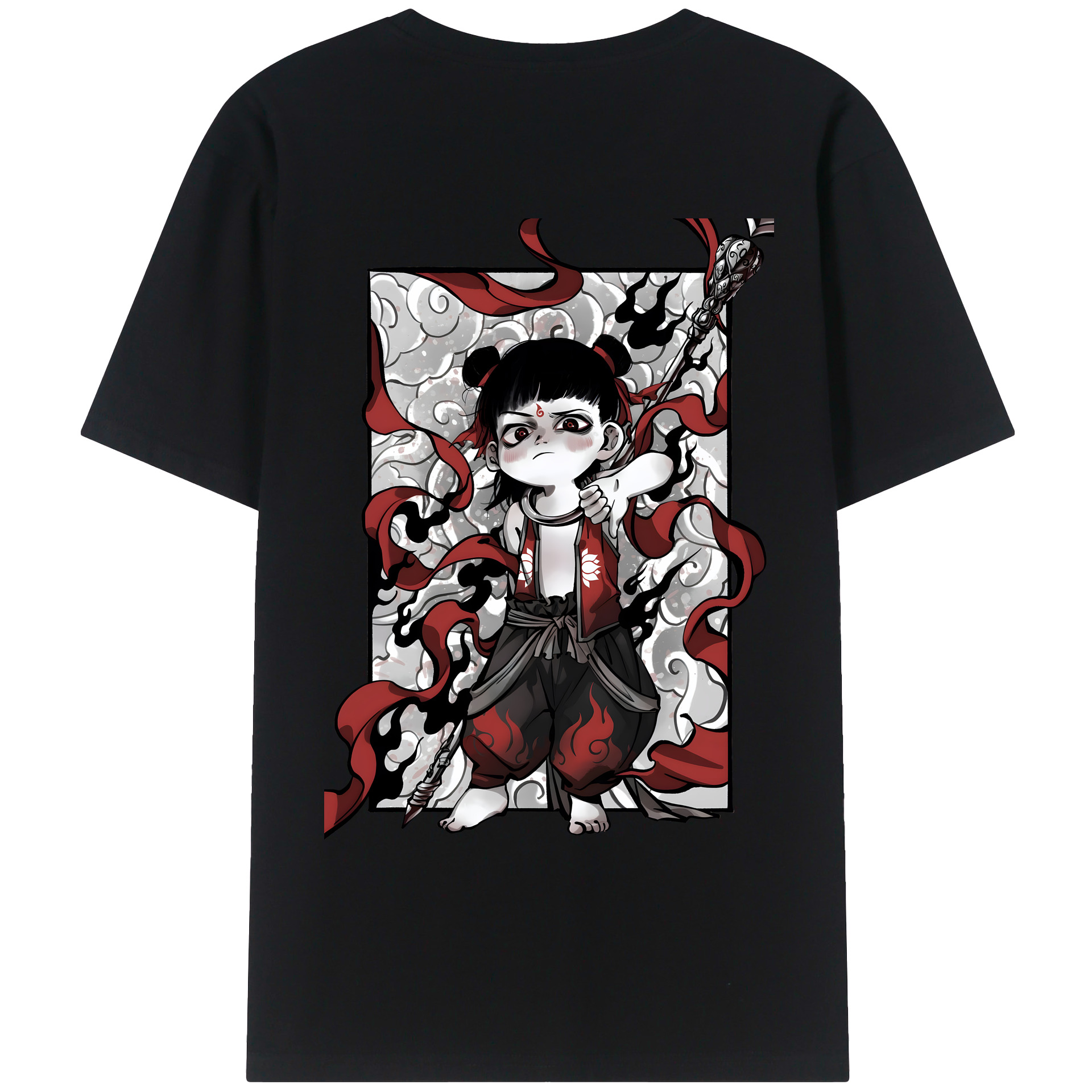 （画像用） Ne Zha 2 ナタ 魔童の大暴れ 綿100％ メンズ半袖Tシャツ（バックプリント） 通気性