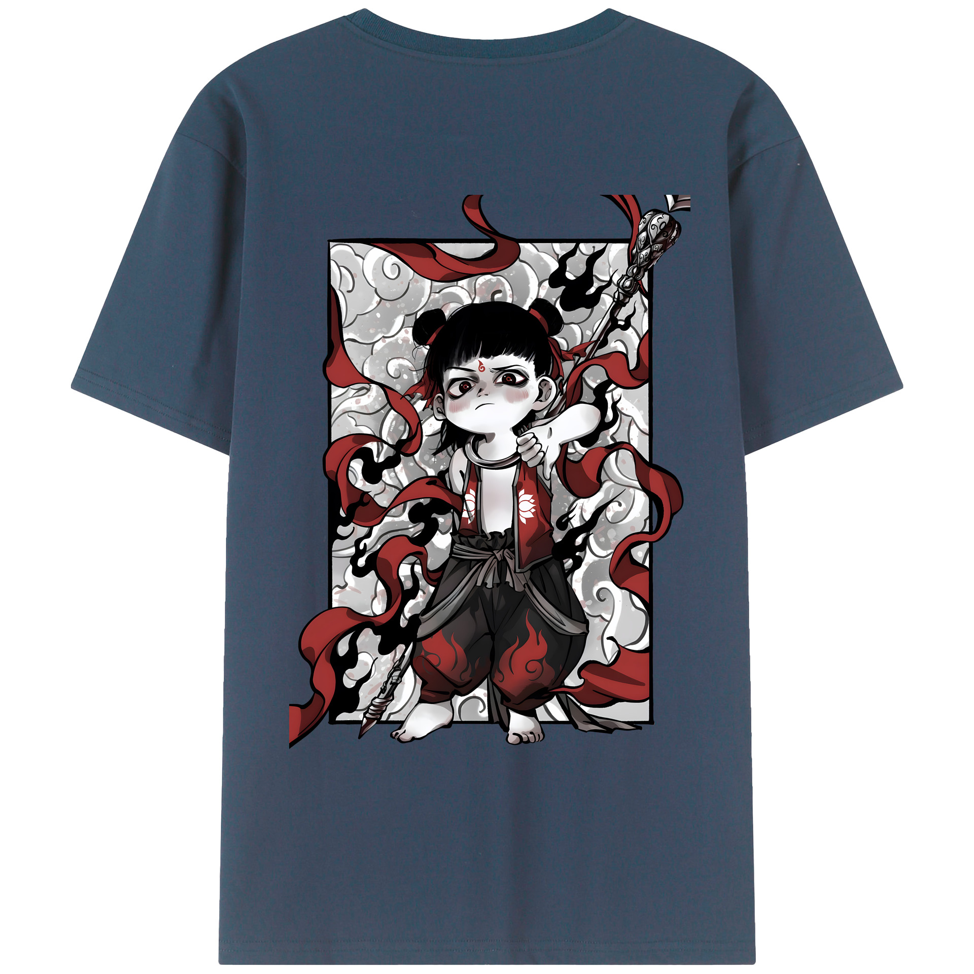 （画像用） Ne Zha 2 ナタ 魔童の大暴れ 綿100％ メンズ半袖Tシャツ（バックプリント） 通気性