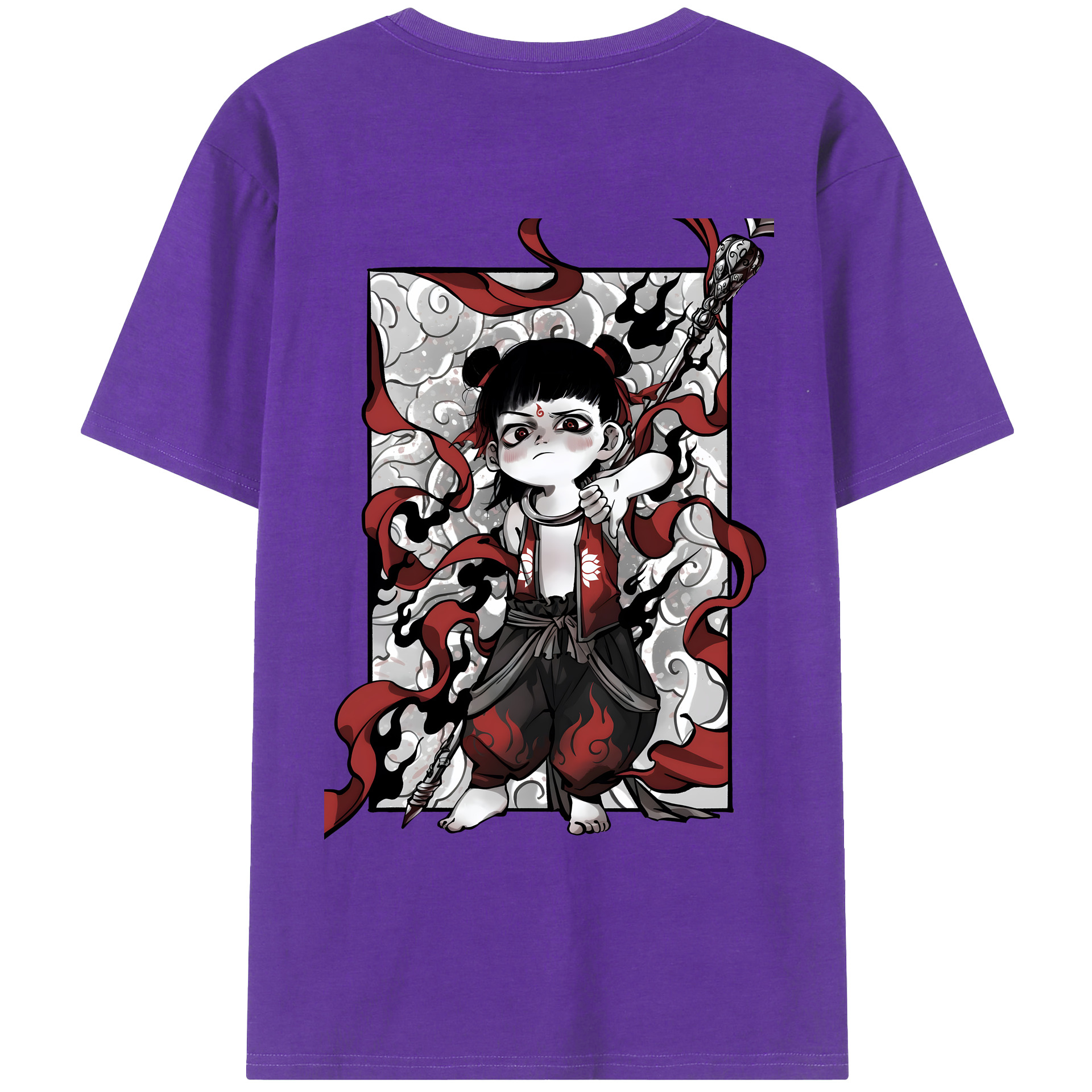 （画像用） Ne Zha 2 ナタ 魔童の大暴れ 綿100％ メンズ半袖Tシャツ（バックプリント） 通気性