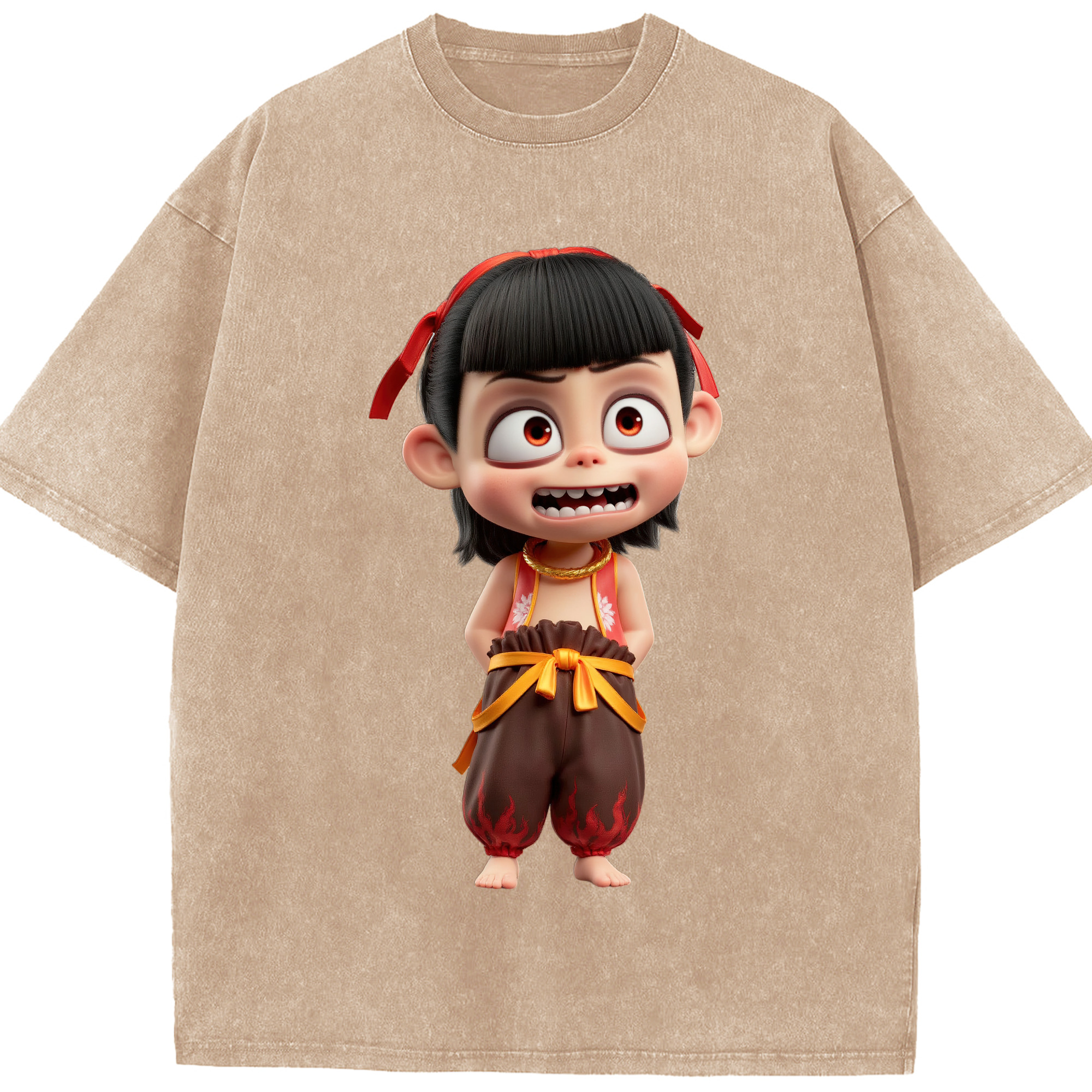 （画像用） Ne Zha 2 ナタ 魔童の大暴れ 綿100% ヴィンテージ風 半袖Tシャツ（フロントプリント）