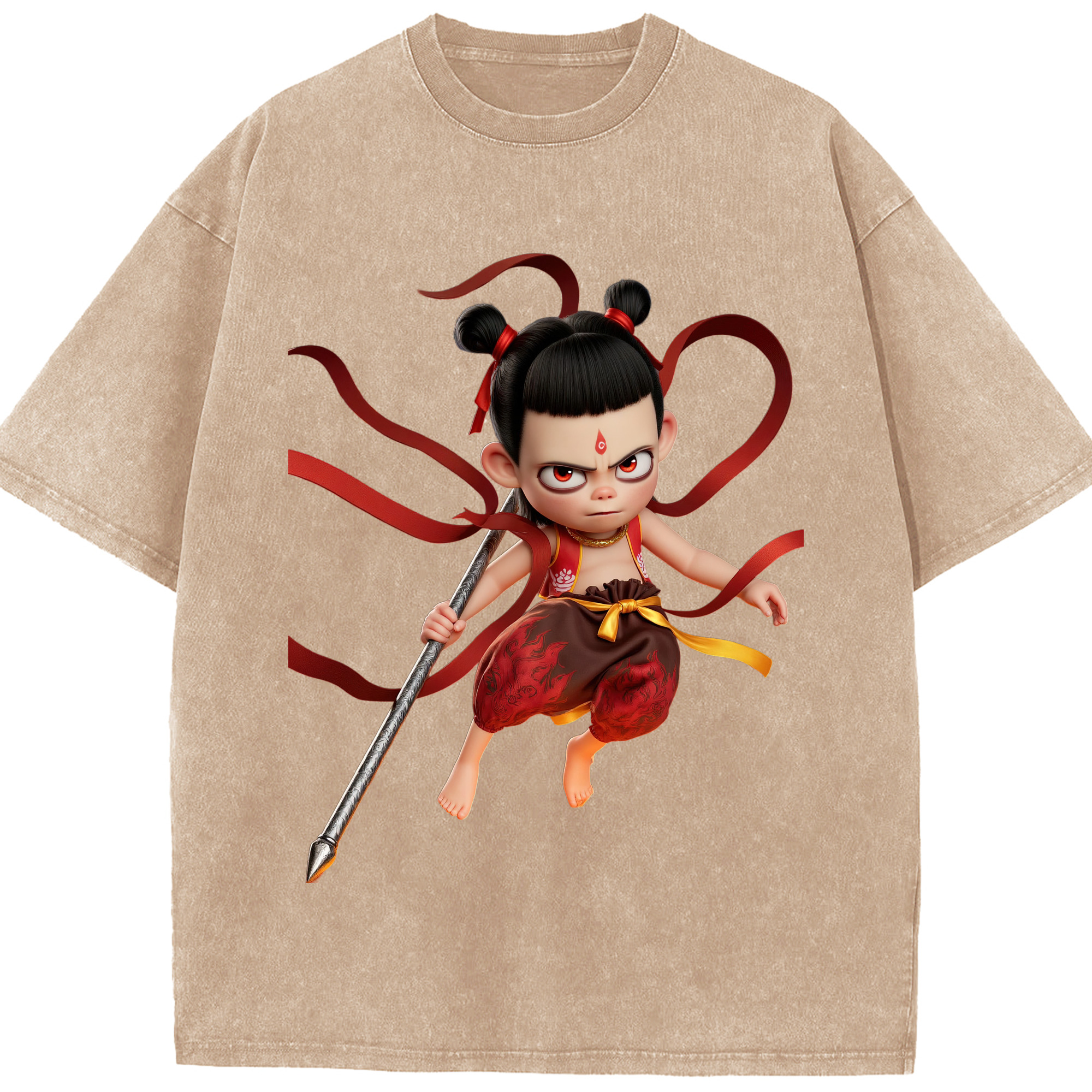 （画像用） Ne Zha 2 ナタ 魔童の大暴れ 綿100% ヴィンテージ風 半袖Tシャツ（フロントプリント）