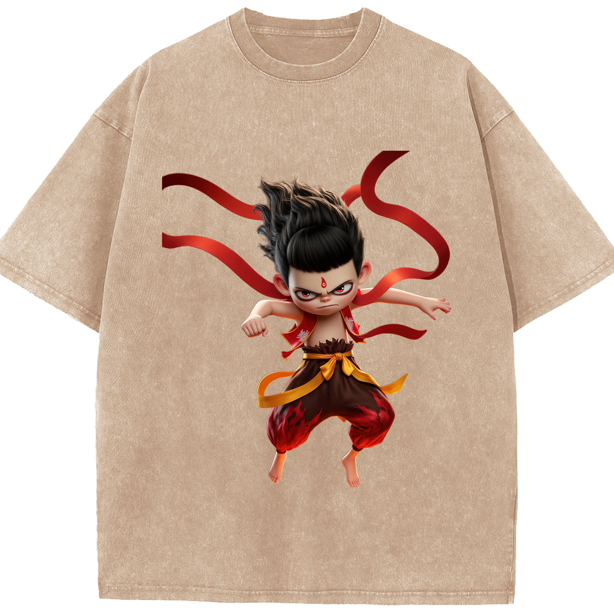 （画像用） Ne Zha 2 ナタ 魔童の大暴れ 綿100% ヴィンテージ風 半袖Tシャツ（フロントプリント）
