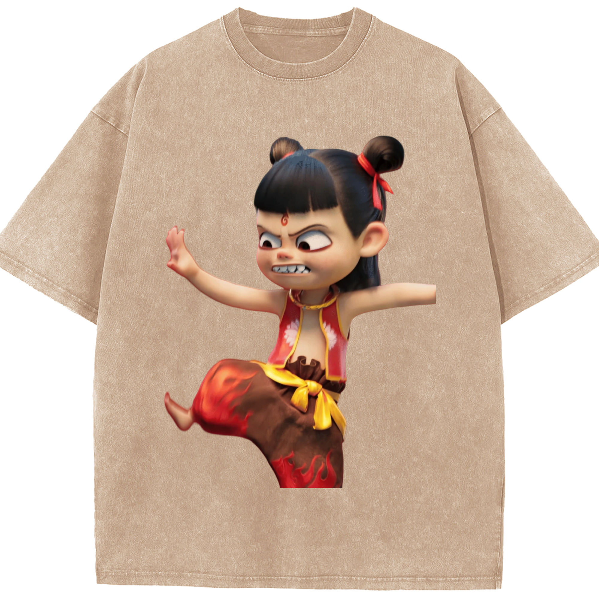 （画像用） Ne Zha 2 ナタ 魔童の大暴れ 綿100% ヴィンテージ風 半袖Tシャツ（フロントプリント）