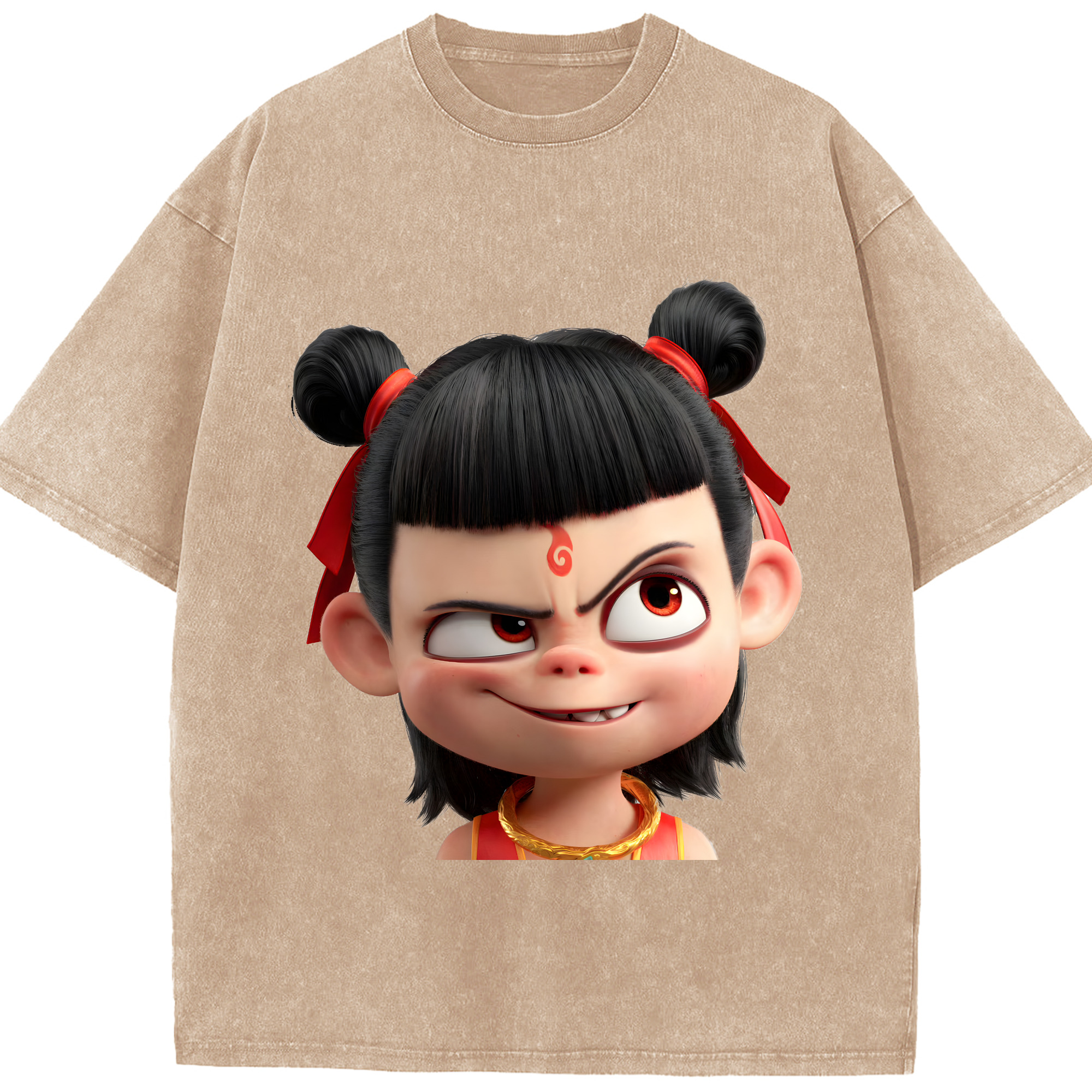 （画像用） Ne Zha 2 ナタ 魔童の大暴れ 綿100% ヴィンテージ風 半袖Tシャツ（フロントプリント）
