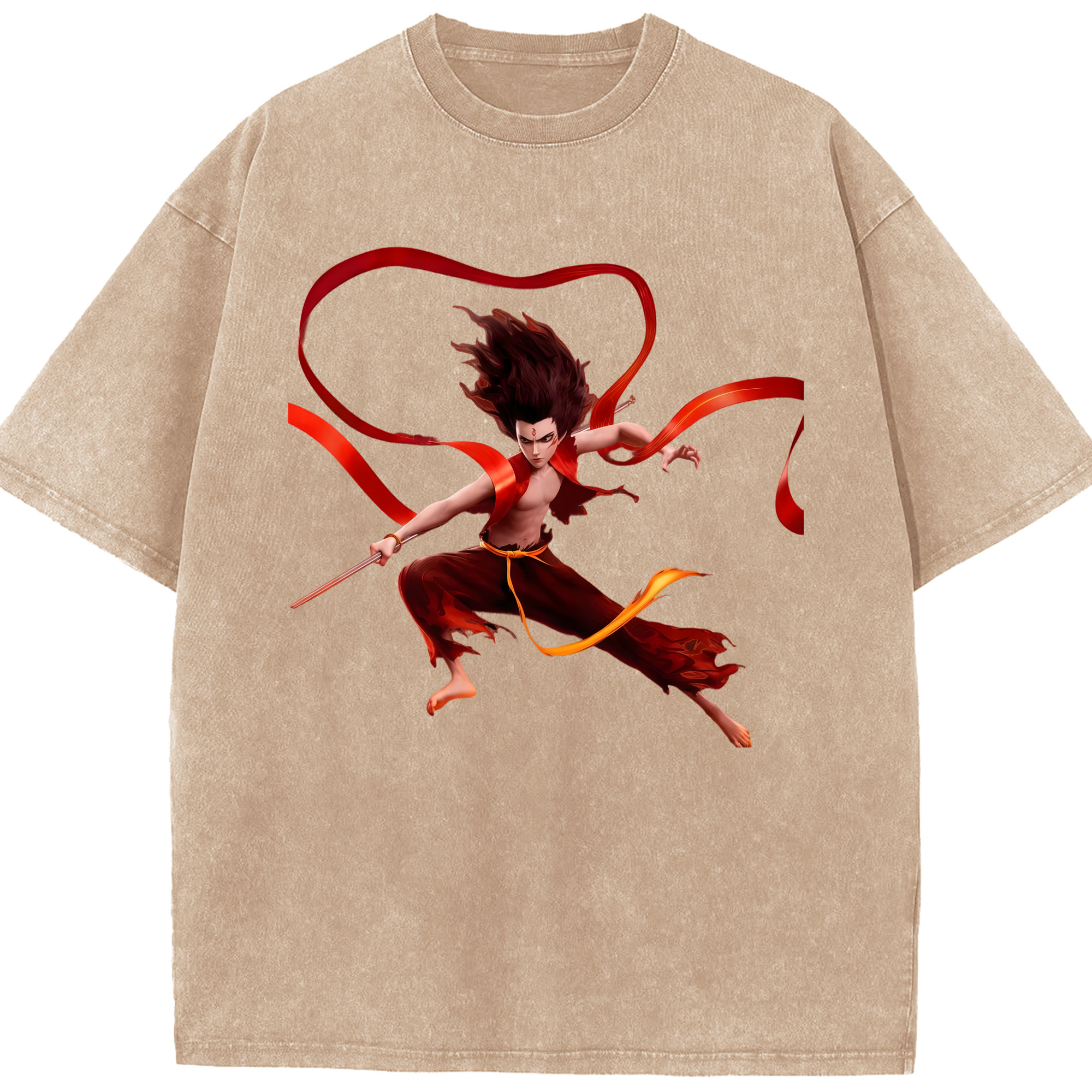 （画像用） Ne Zha 2 ナタ 魔童の大暴れ 綿100% ヴィンテージ風 半袖Tシャツ（フロントプリント）