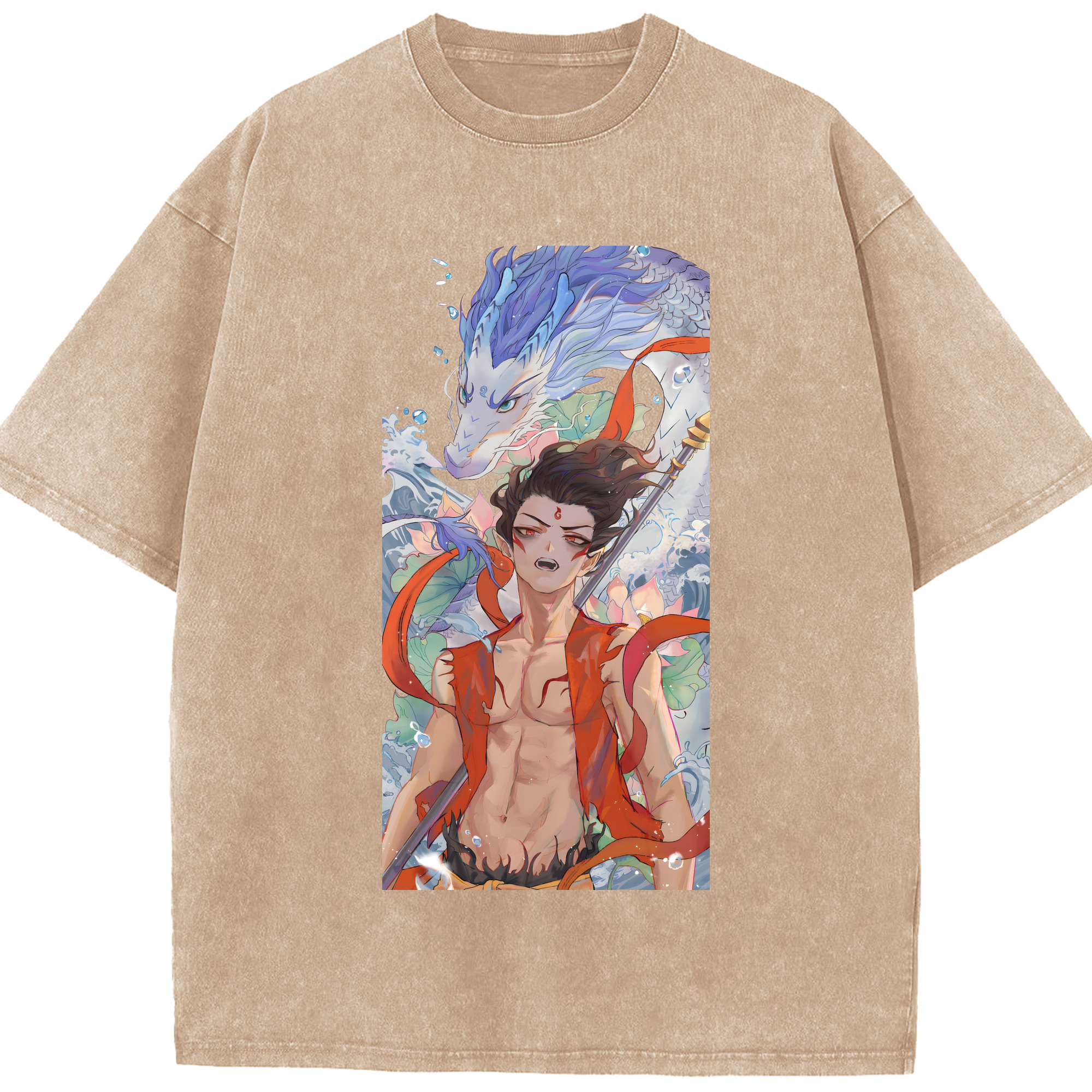 （画像用） Ne Zha 2 ナタ 魔童の大暴れ 綿100% ヴィンテージ風 半袖Tシャツ（フロントプリント）