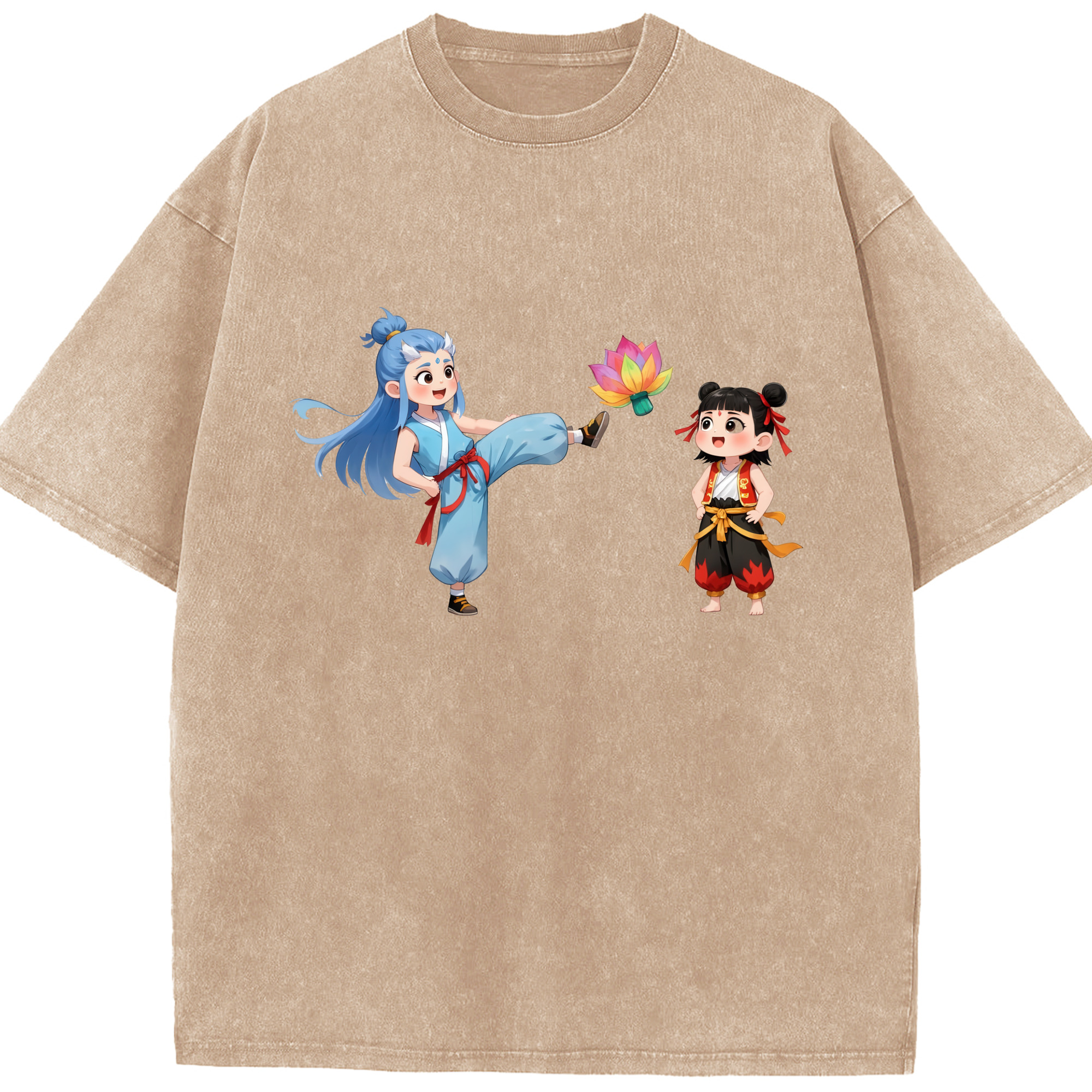 （画像用） Ne Zha 2 ナタ 魔童の大暴れ 綿100% ヴィンテージ風 半袖Tシャツ（フロントプリント）