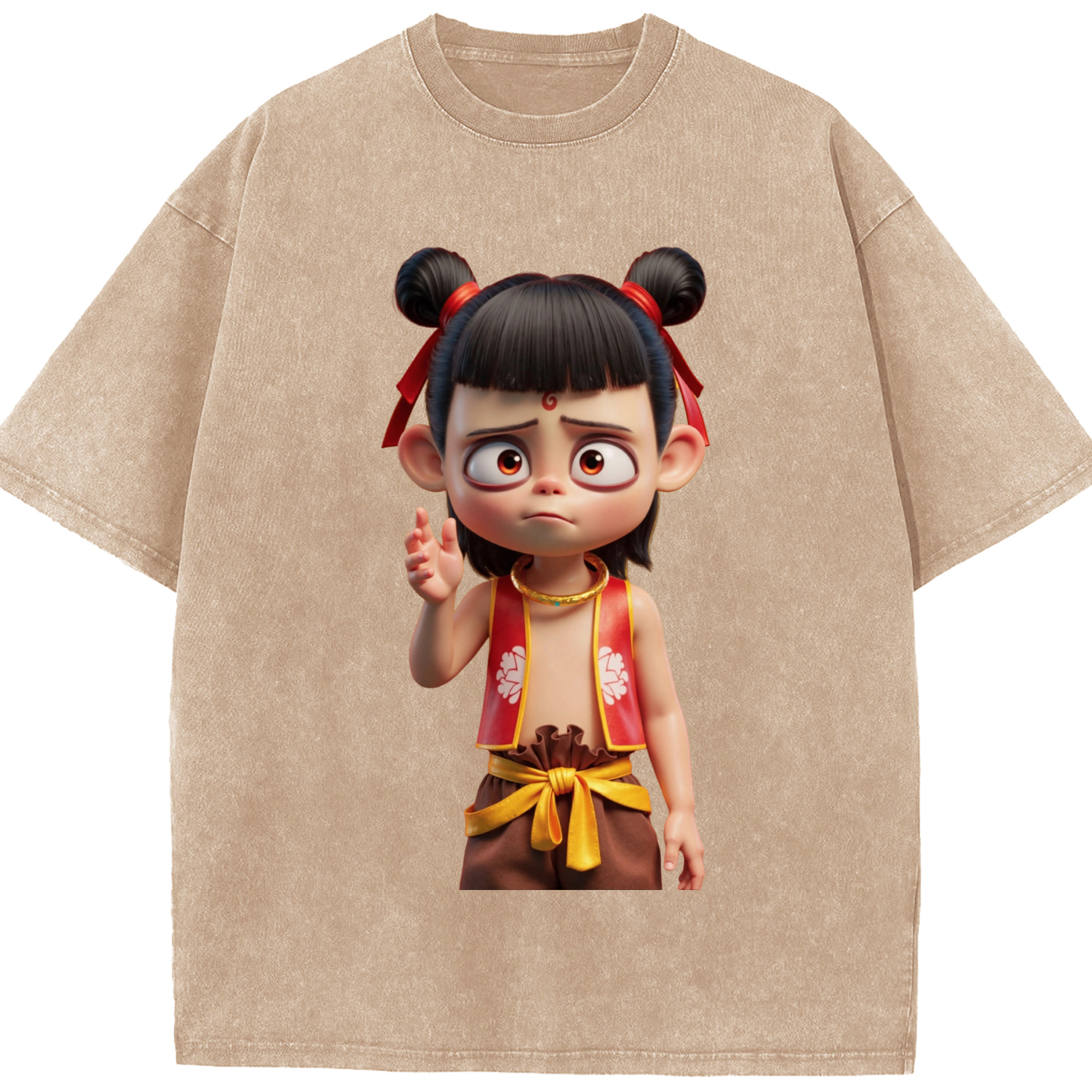 （画像用） Ne Zha 2 ナタ 魔童の大暴れ 綿100% ヴィンテージ風 半袖Tシャツ（フロントプリント）