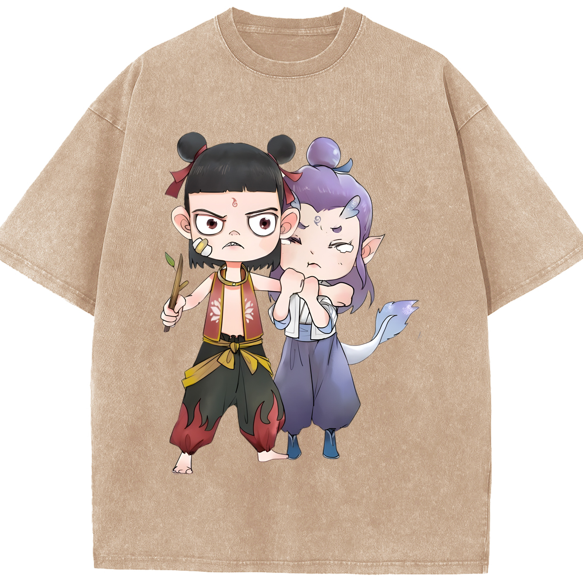（画像用） Ne Zha 2 ナタ 魔童の大暴れ 綿100% ヴィンテージ風 半袖Tシャツ（フロントプリント）