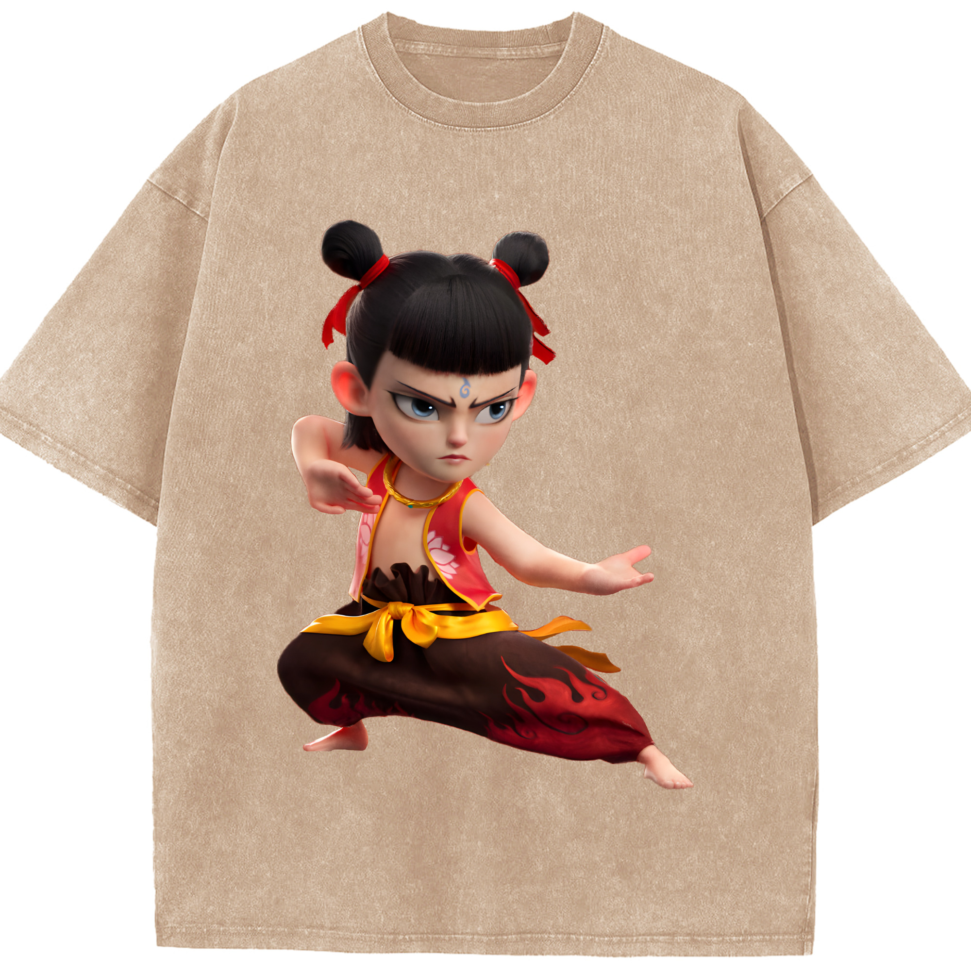 （画像用） Ne Zha 2 ナタ 魔童の大暴れ 綿100% ヴィンテージ風 半袖Tシャツ（フロントプリント）