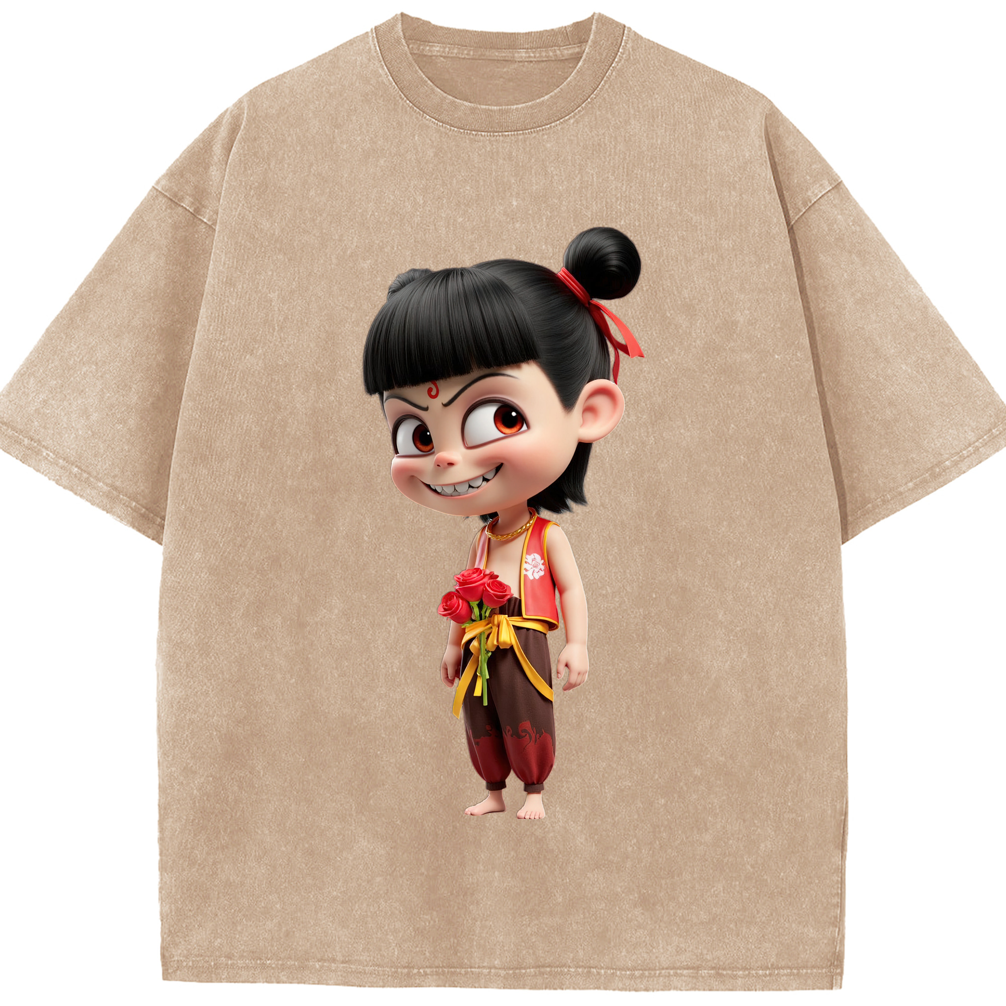 （画像用） Ne Zha 2 ナタ 魔童の大暴れ 綿100% ヴィンテージ風 半袖Tシャツ（フロントプリント）