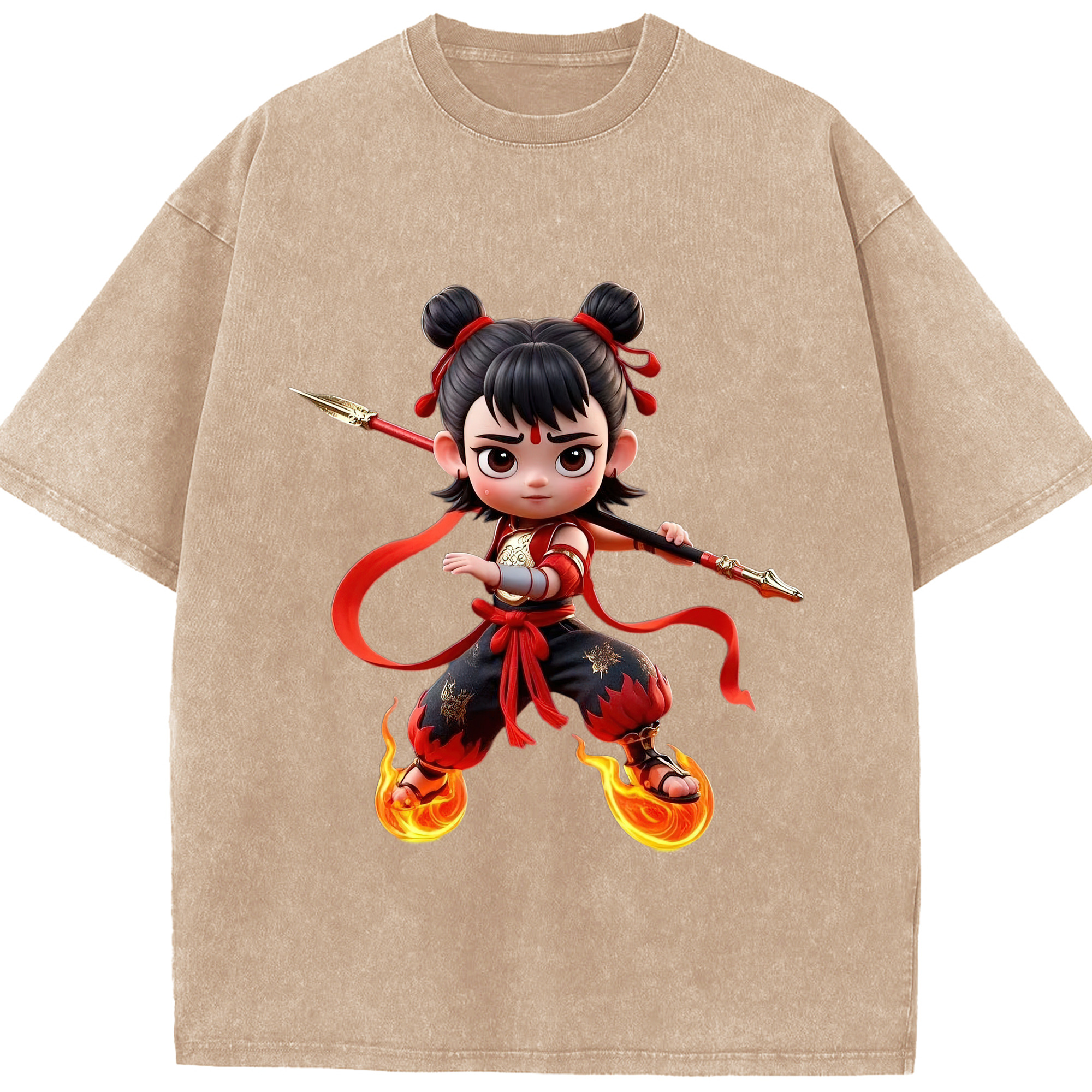 （画像用） Ne Zha 2 ナタ 魔童の大暴れ 綿100% ヴィンテージ風 半袖Tシャツ（フロントプリント）