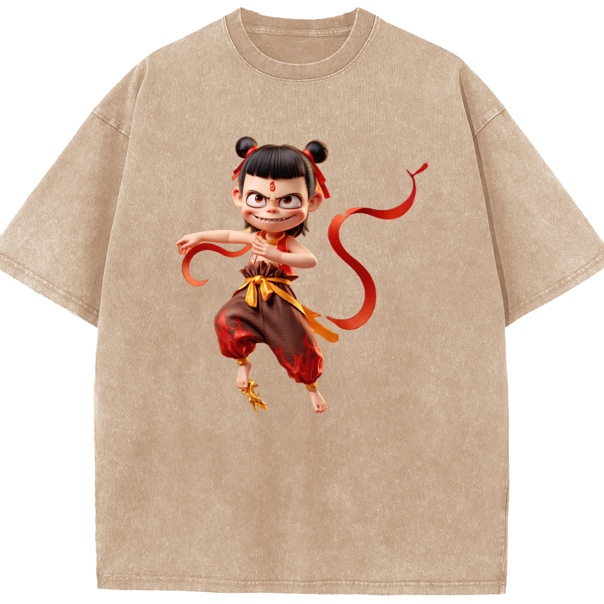 （画像用） Ne Zha 2 ナタ 魔童の大暴れ 綿100% ヴィンテージ風 半袖Tシャツ（フロントプリント）