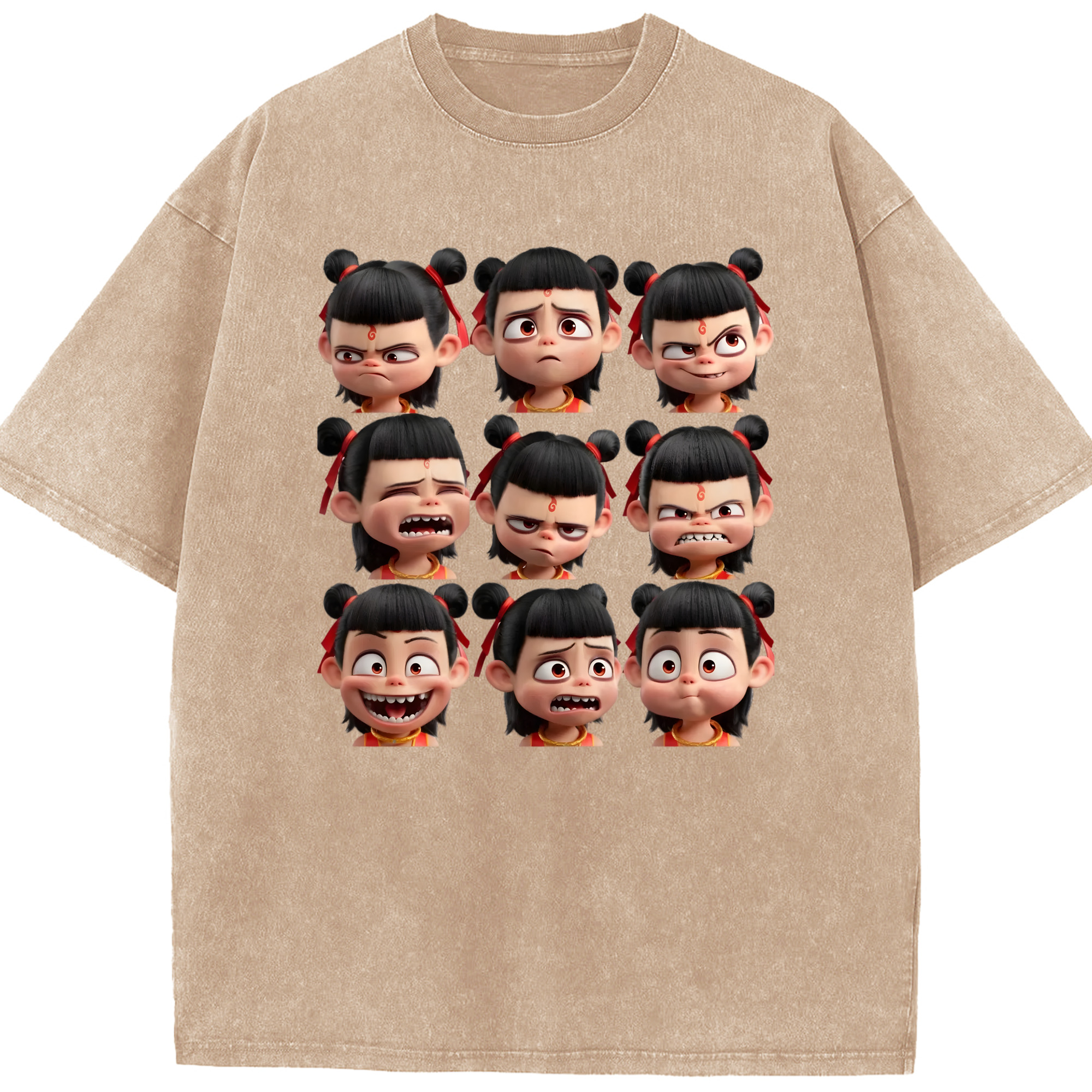 （画像用） Ne Zha 2 ナタ 魔童の大暴れ 綿100% ヴィンテージ風 半袖Tシャツ（フロントプリント）