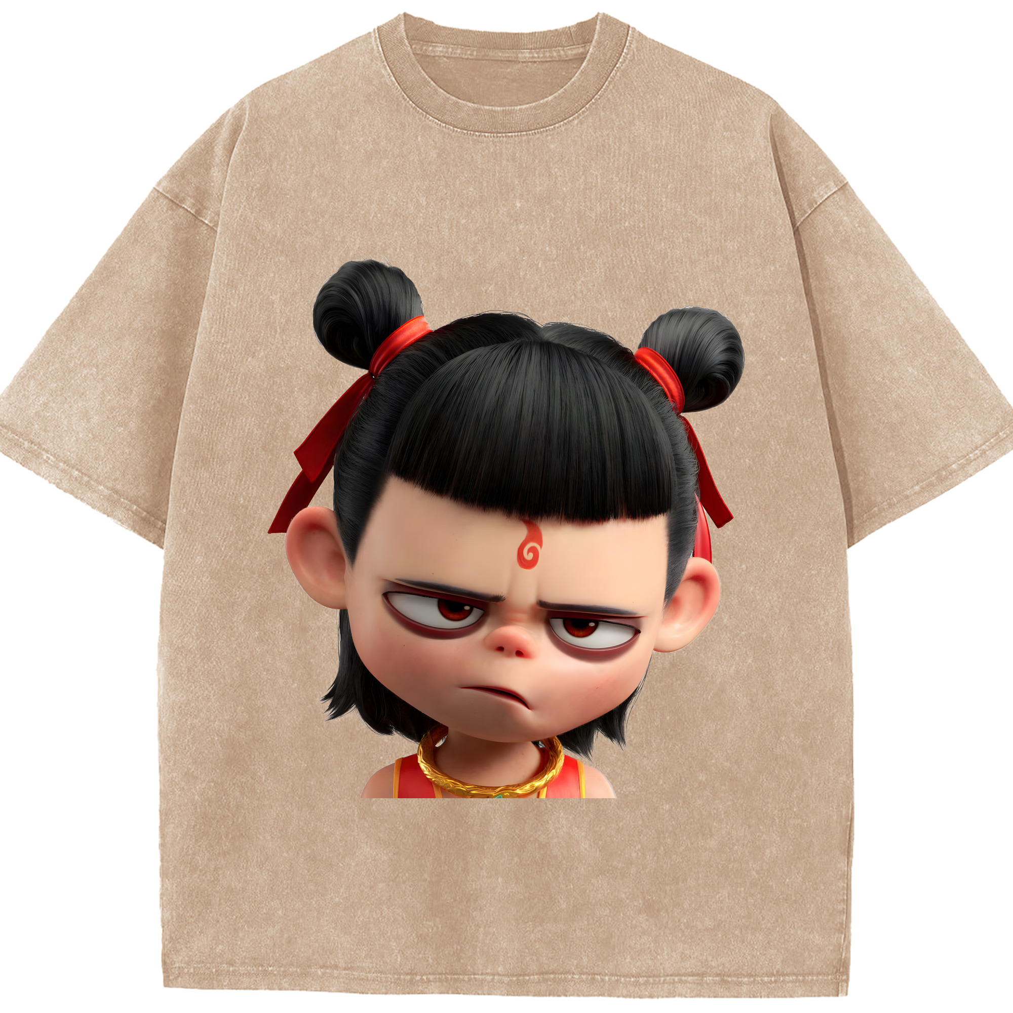 （画像用） Ne Zha 2 ナタ 魔童の大暴れ 綿100% ヴィンテージ風 半袖Tシャツ（フロントプリント）