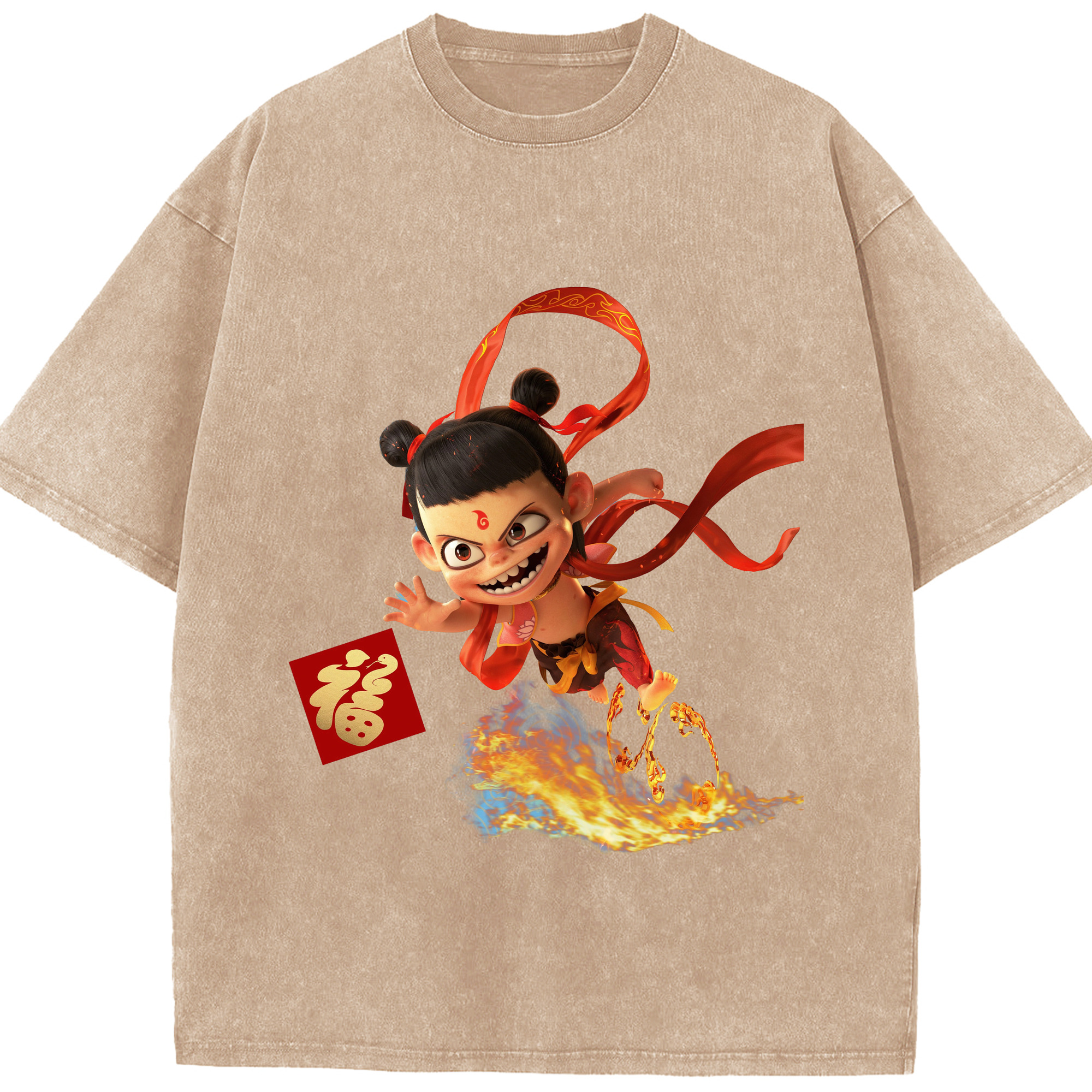 （画像用） Ne Zha 2 ナタ 魔童の大暴れ 綿100% ヴィンテージ風 半袖Tシャツ（フロントプリント）