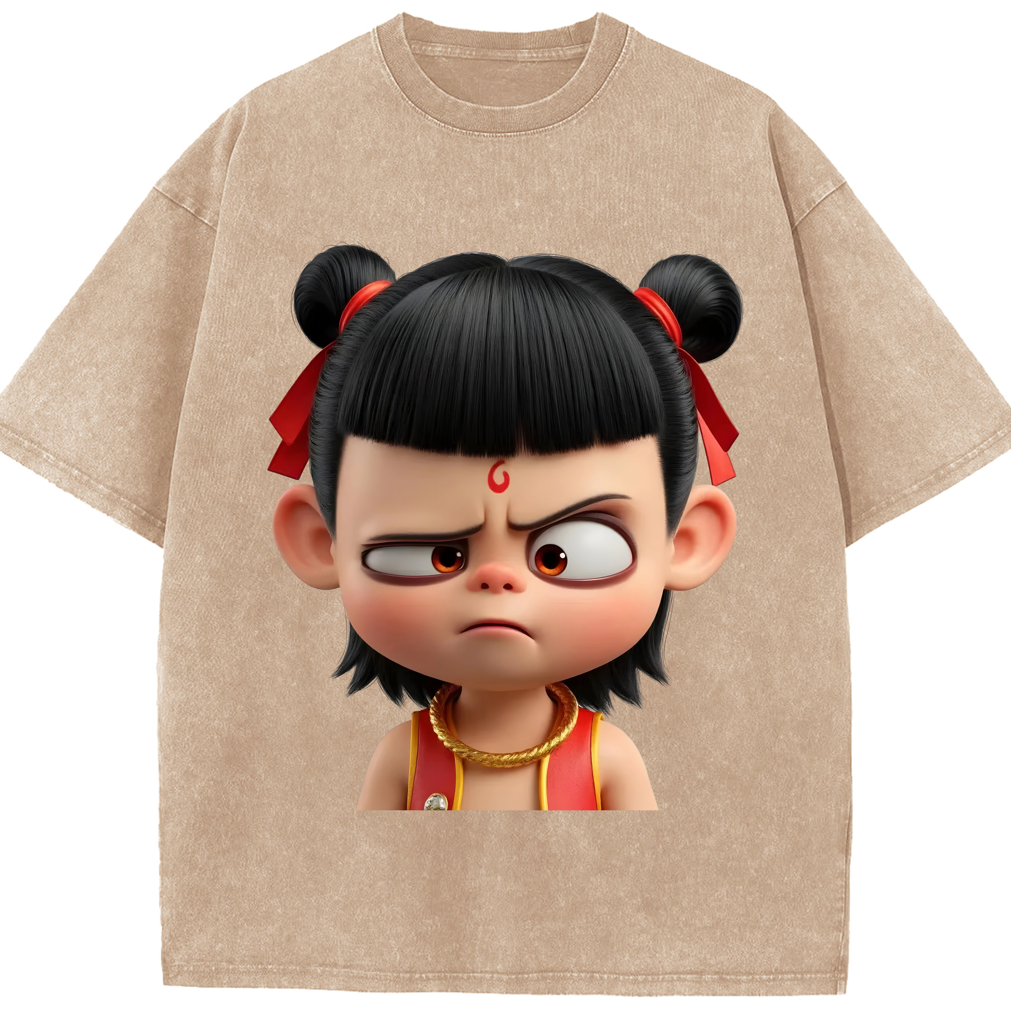 （画像用） Ne Zha 2 ナタ 魔童の大暴れ 綿100% ヴィンテージ風 半袖Tシャツ（フロントプリント）