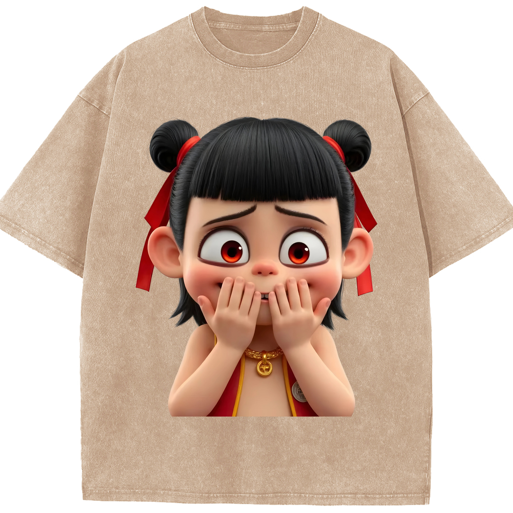 （画像用） Ne Zha 2 ナタ 魔童の大暴れ 綿100% ヴィンテージ風 半袖Tシャツ（フロントプリント）