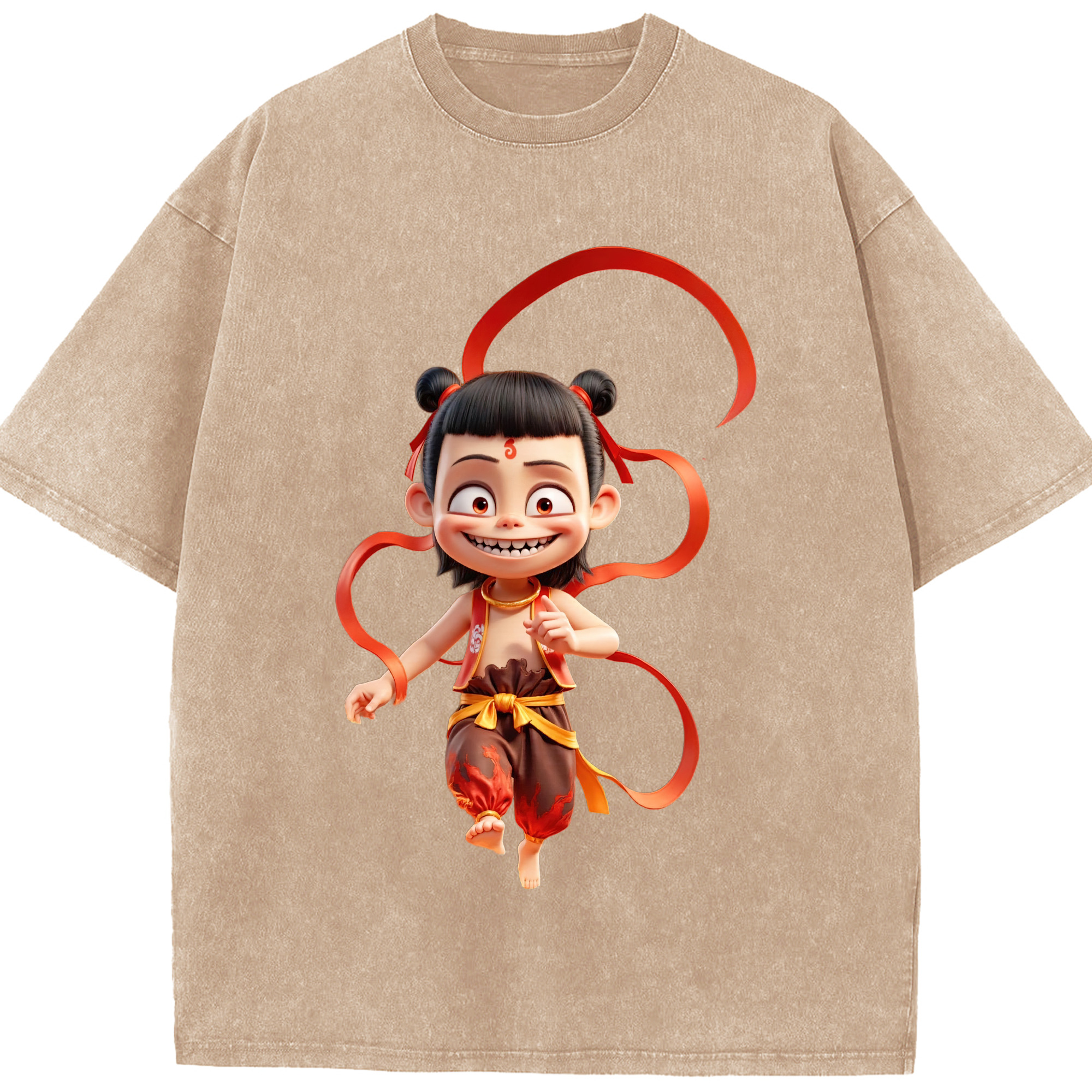 （画像用） Ne Zha 2 ナタ 魔童の大暴れ 綿100% ヴィンテージ風 半袖Tシャツ（フロントプリント）