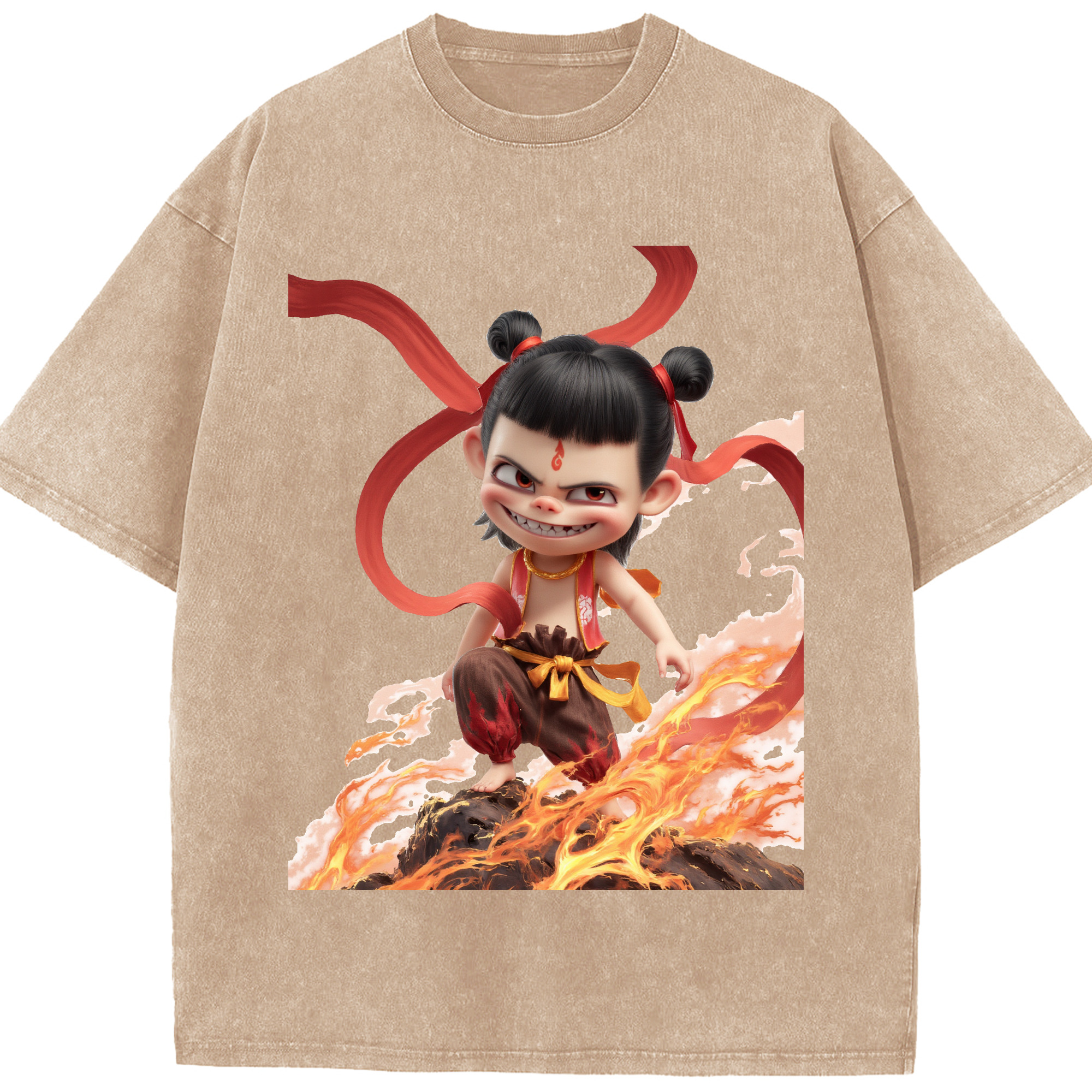（画像用） Ne Zha 2 ナタ 魔童の大暴れ 綿100% ヴィンテージ風 半袖Tシャツ（フロントプリント）