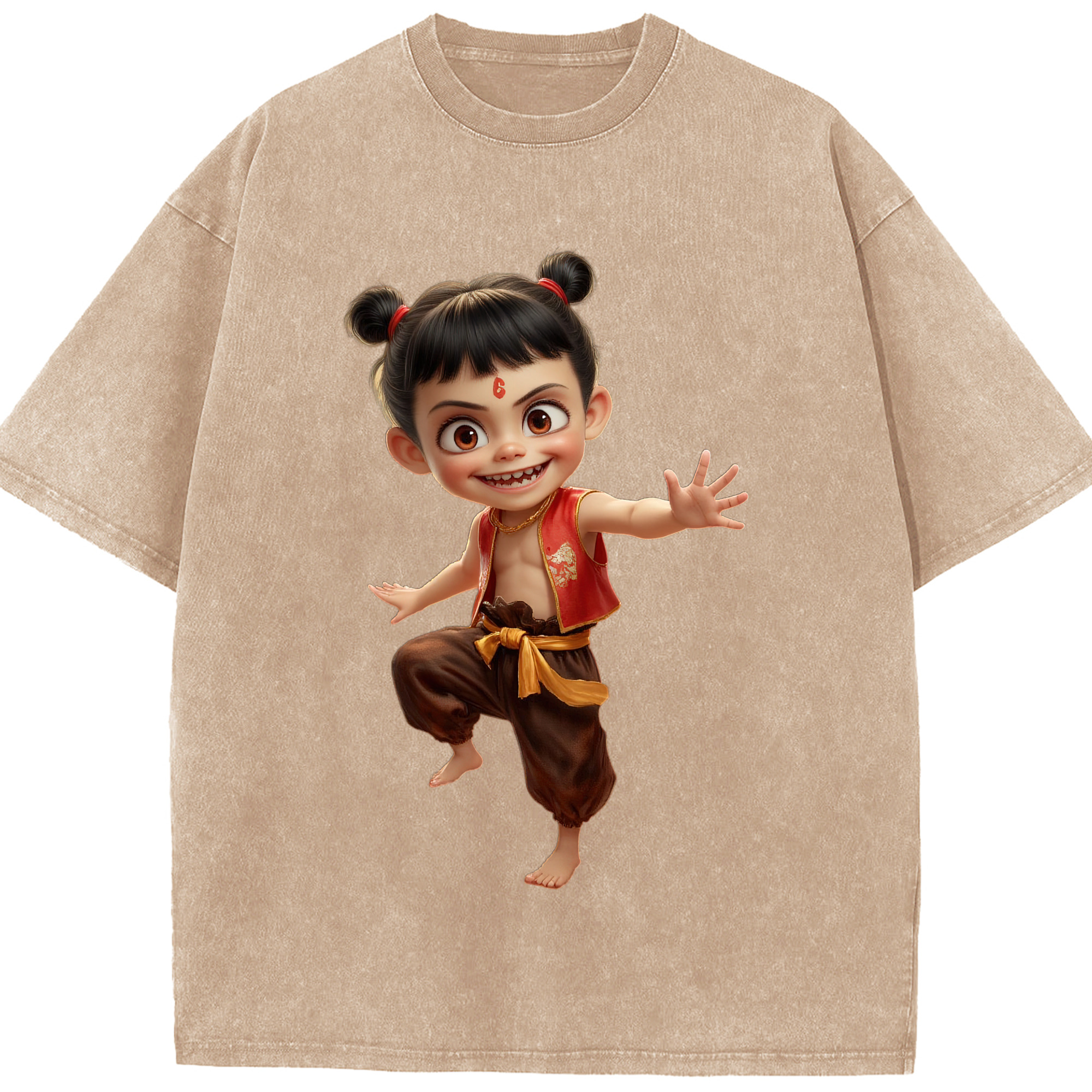 （画像用） Ne Zha 2 ナタ 魔童の大暴れ 綿100% ヴィンテージ風 半袖Tシャツ（フロントプリント）